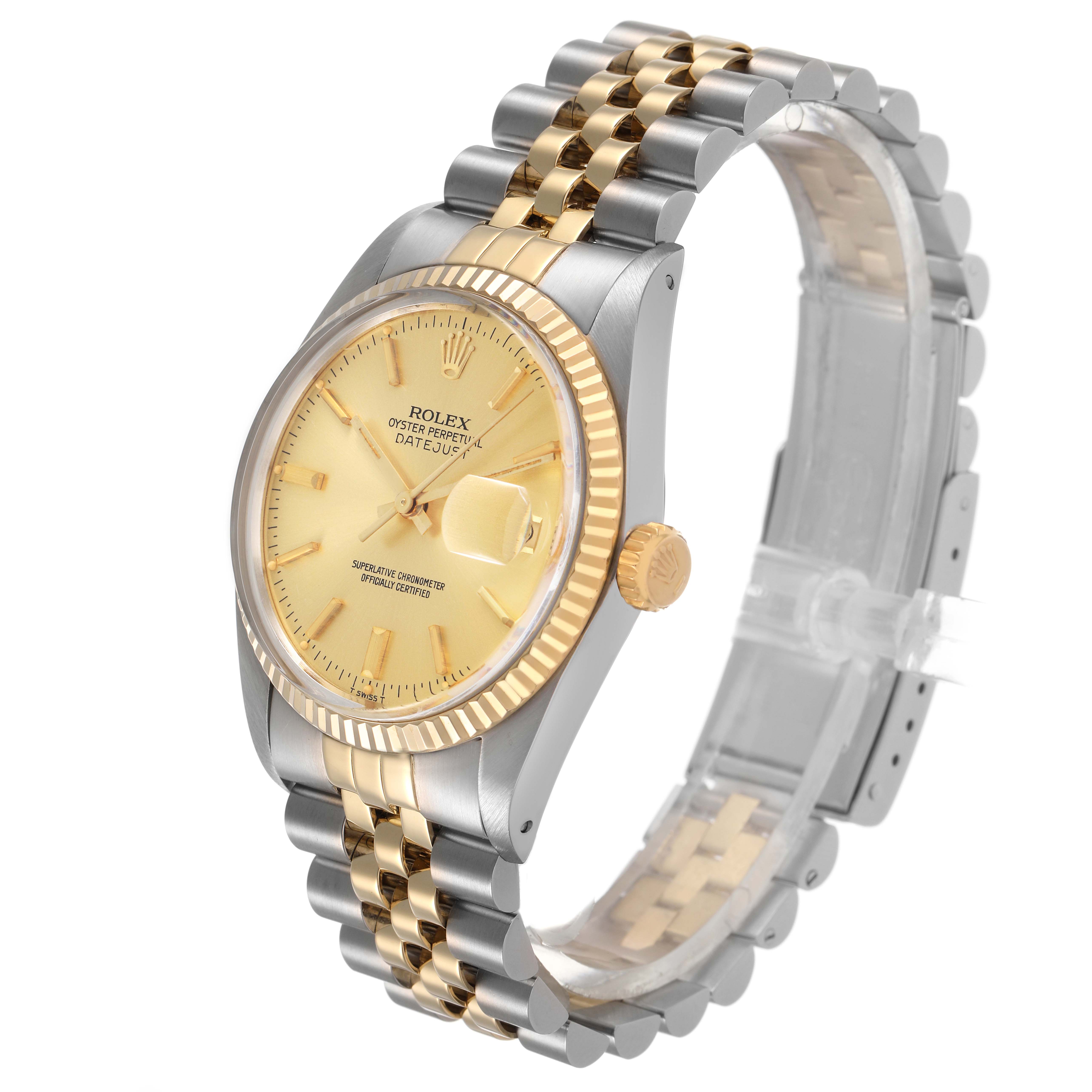 The Rolex Datejust 16013 Men's Steel and Gold (two tone) Champagne Dial watch is shown at a three-quarter angle, highlighting the dial, bezel, and two-tone bracelet.
