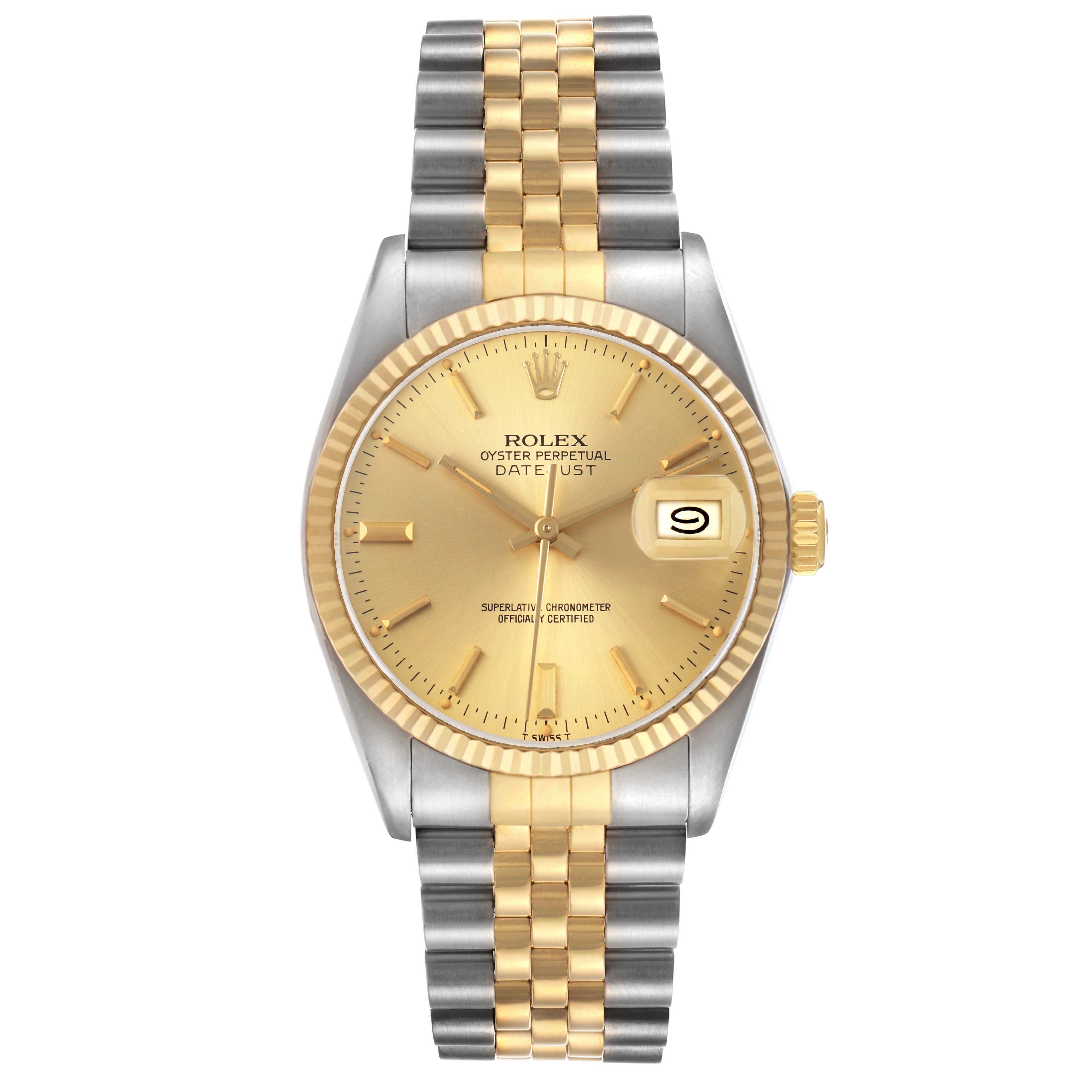 The Rolex Datejust 16013 Men's Steel and Gold (two tone) Champagne Dial watch is shown from a top view, highlighting its dual-tone bracelet and gold dial with a date window.
