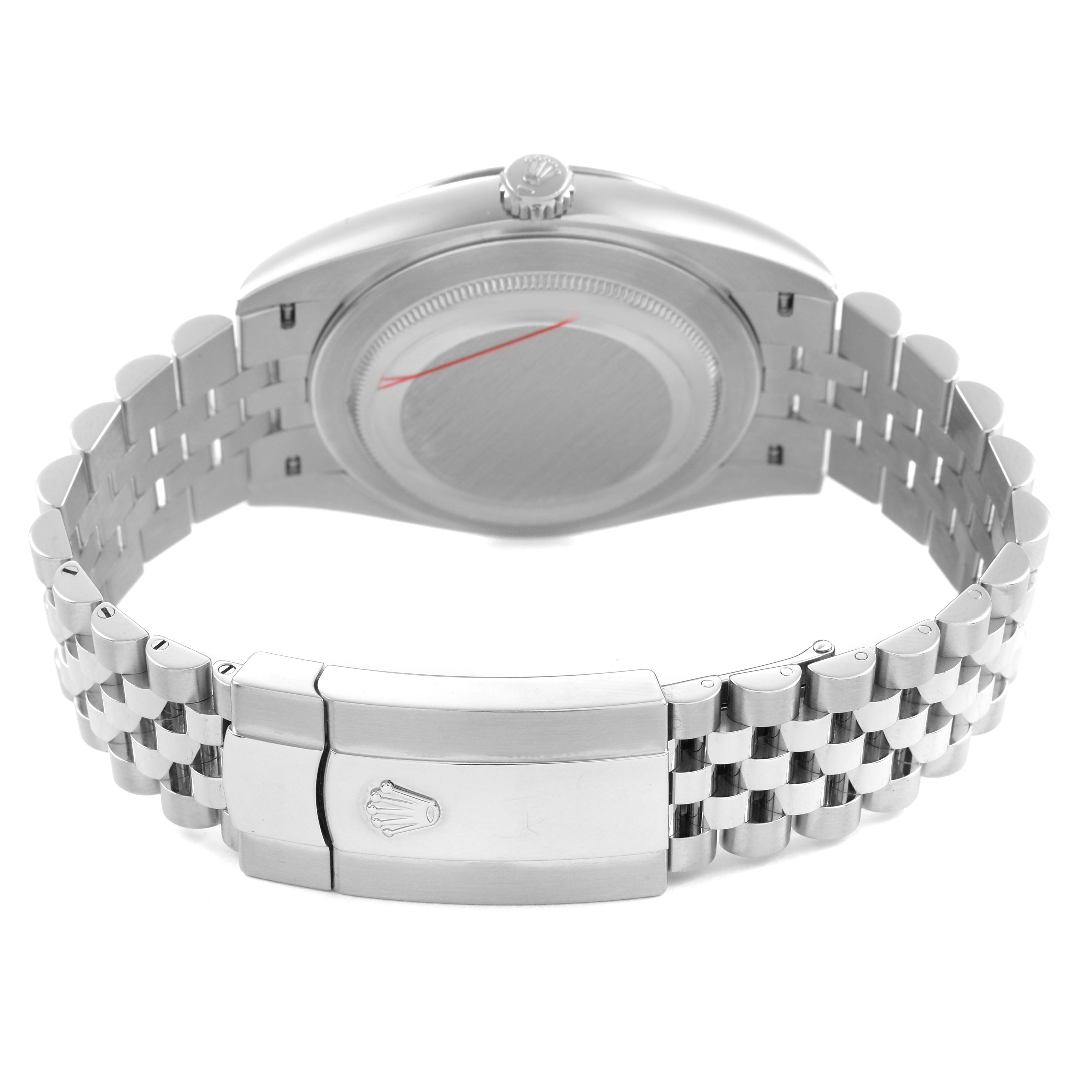 The image shows the back view of the Rolex Datejust 41 M126334-0018 Men's Stainless Steel Black Dial, highlighting the bracelet and clasp.