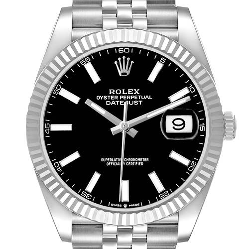 The Rolex Datejust 41 M126334-0018 Men's Stainless Steel Black Dial watch is shown from a front angle, highlighting the dial, hands, date window, and bracelet.
