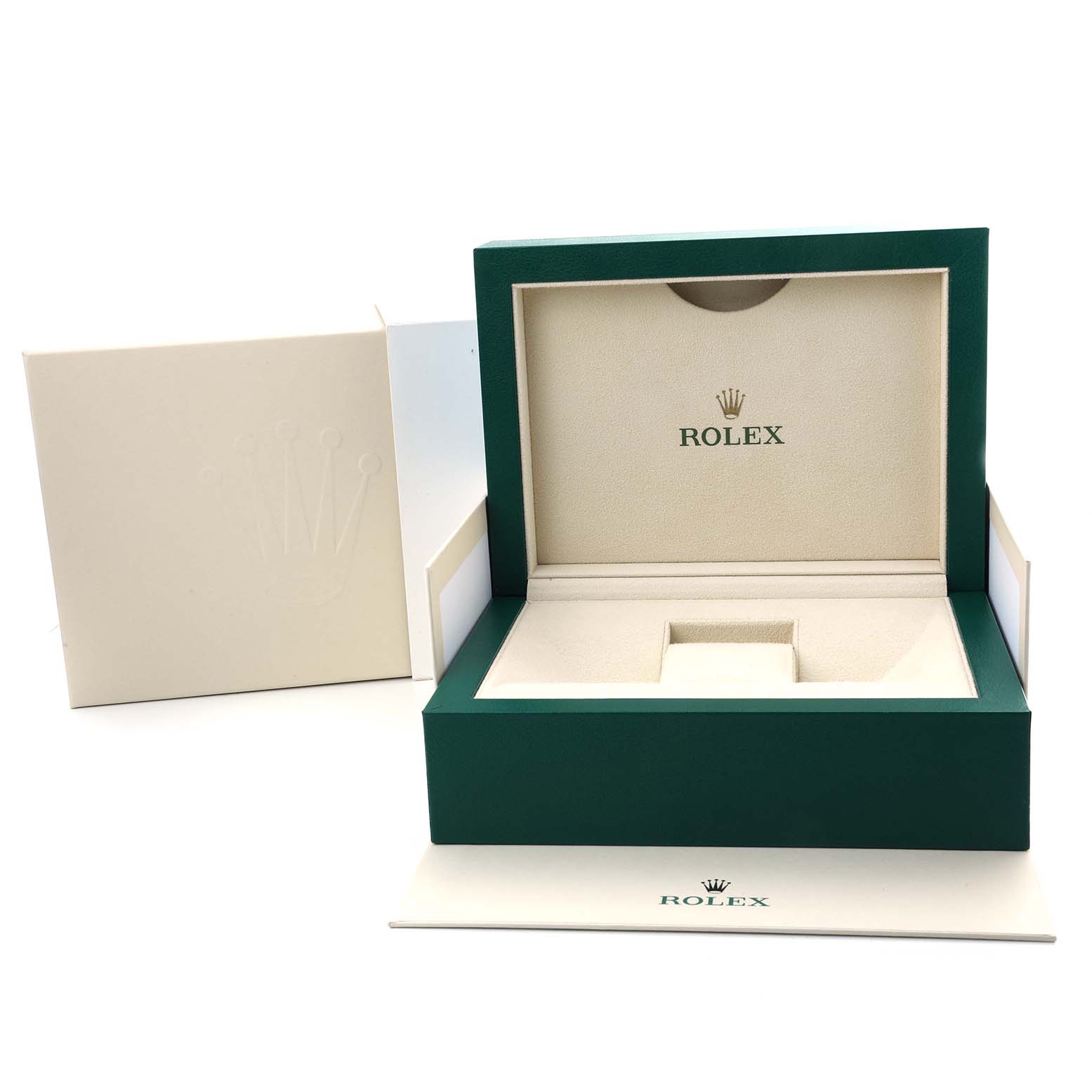 The image shows an open Rolex box for the Datejust 41 model, featuring inner compartments and the brand logo.