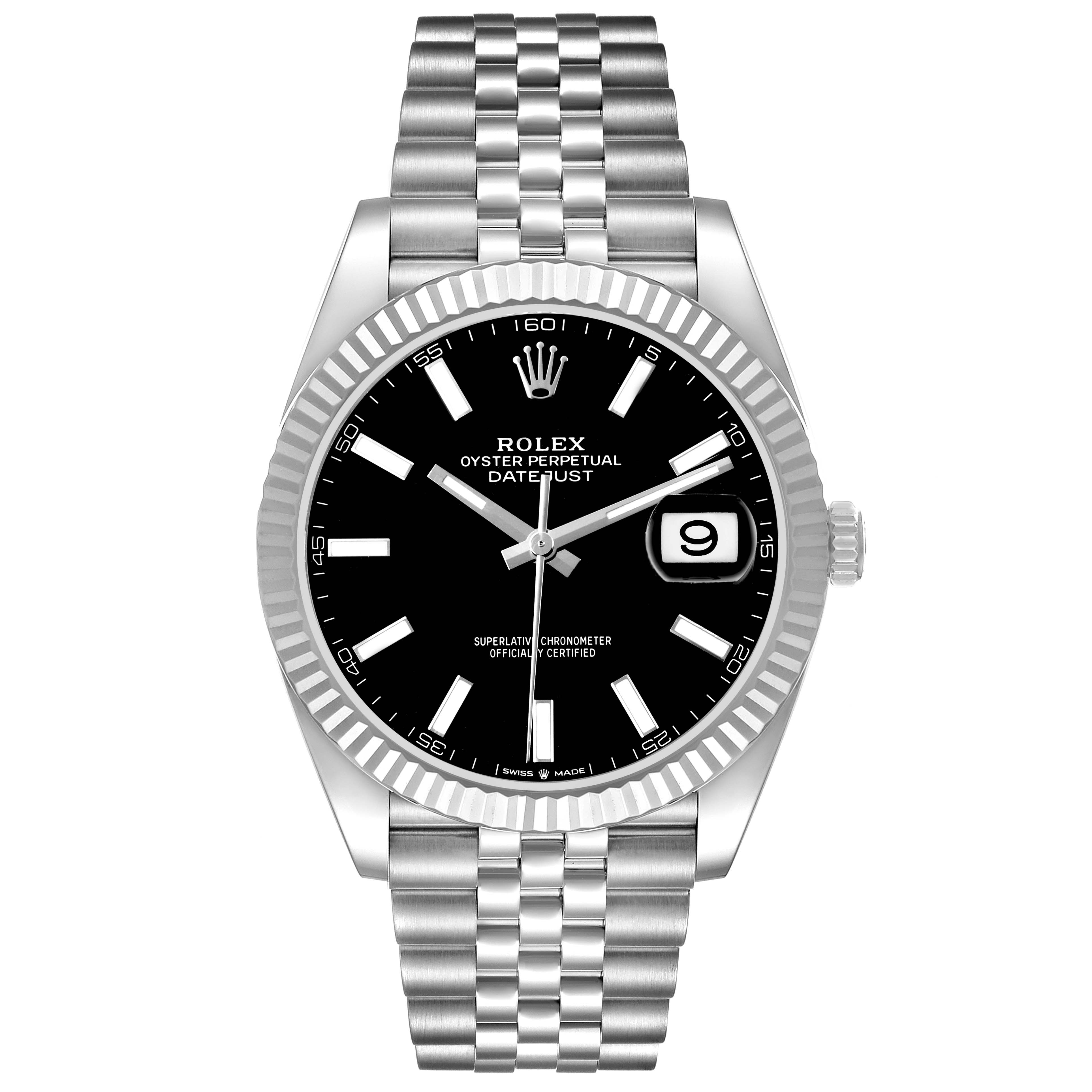 The Rolex Datejust 41 M126334-0018 Men's Stainless Steel Black Dial is shown from a front view, displaying the dial, bezel, bracelet, and date window.
