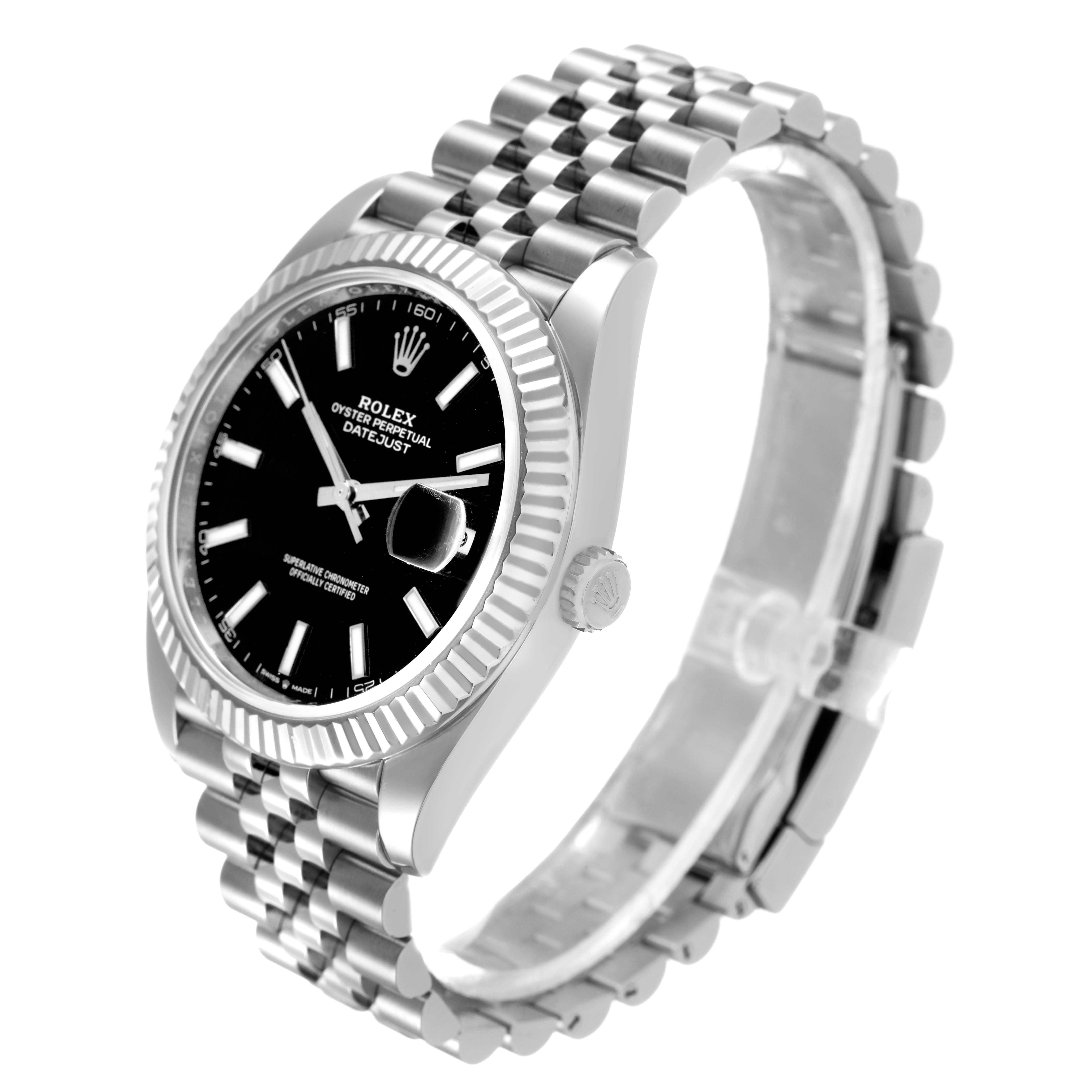 The Rolex Datejust 41 M126334-0018 Men's Stainless Steel Black Dial is shown at a three-quarter angle, highlighting the black dial, fluted bezel, and Jubilee bracelet.