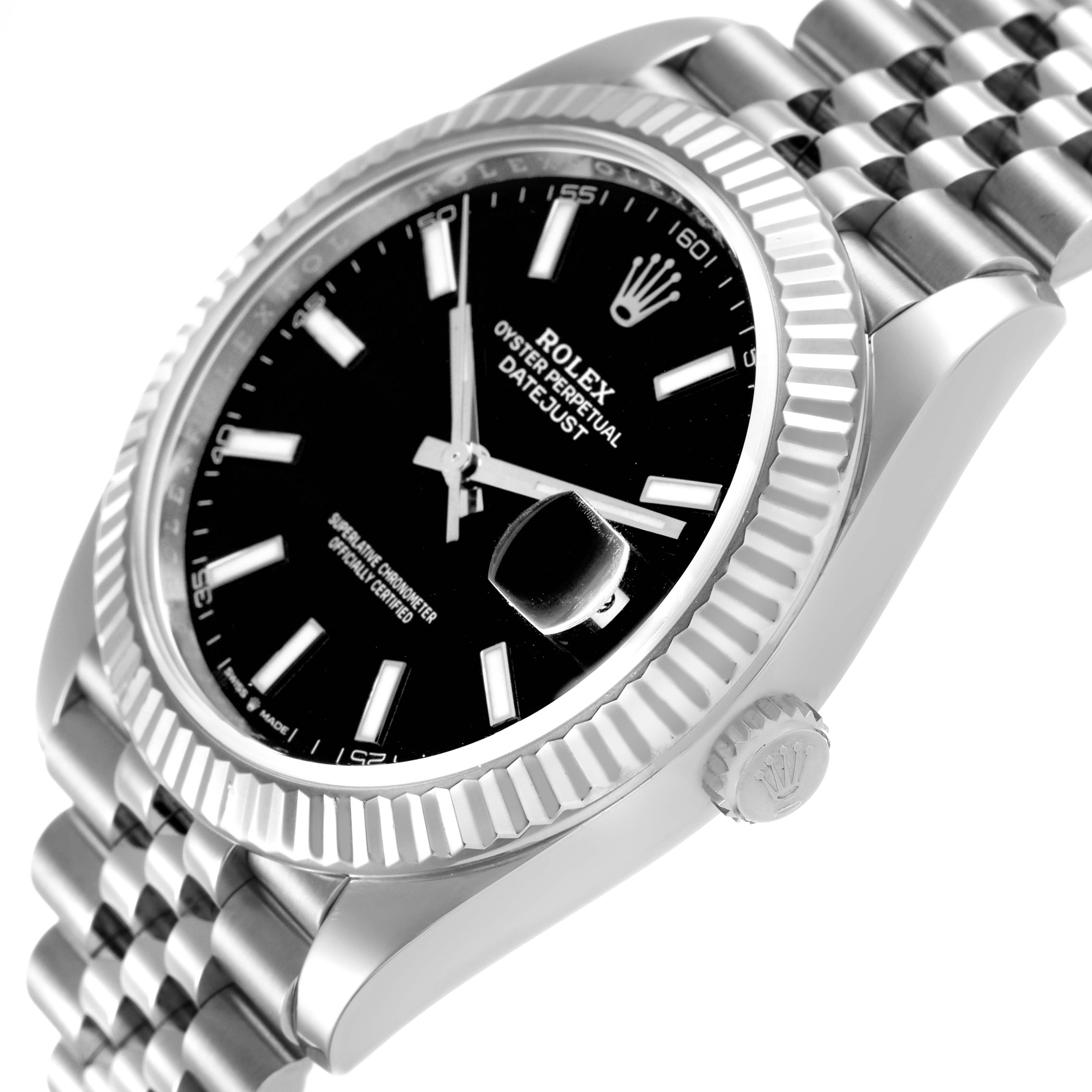 The Rolex Datejust 41 M126334-0018 Men's Stainless Steel Black Dial watch is shown at an angle highlighting the face, bezel, crown, and part of the bracelet.