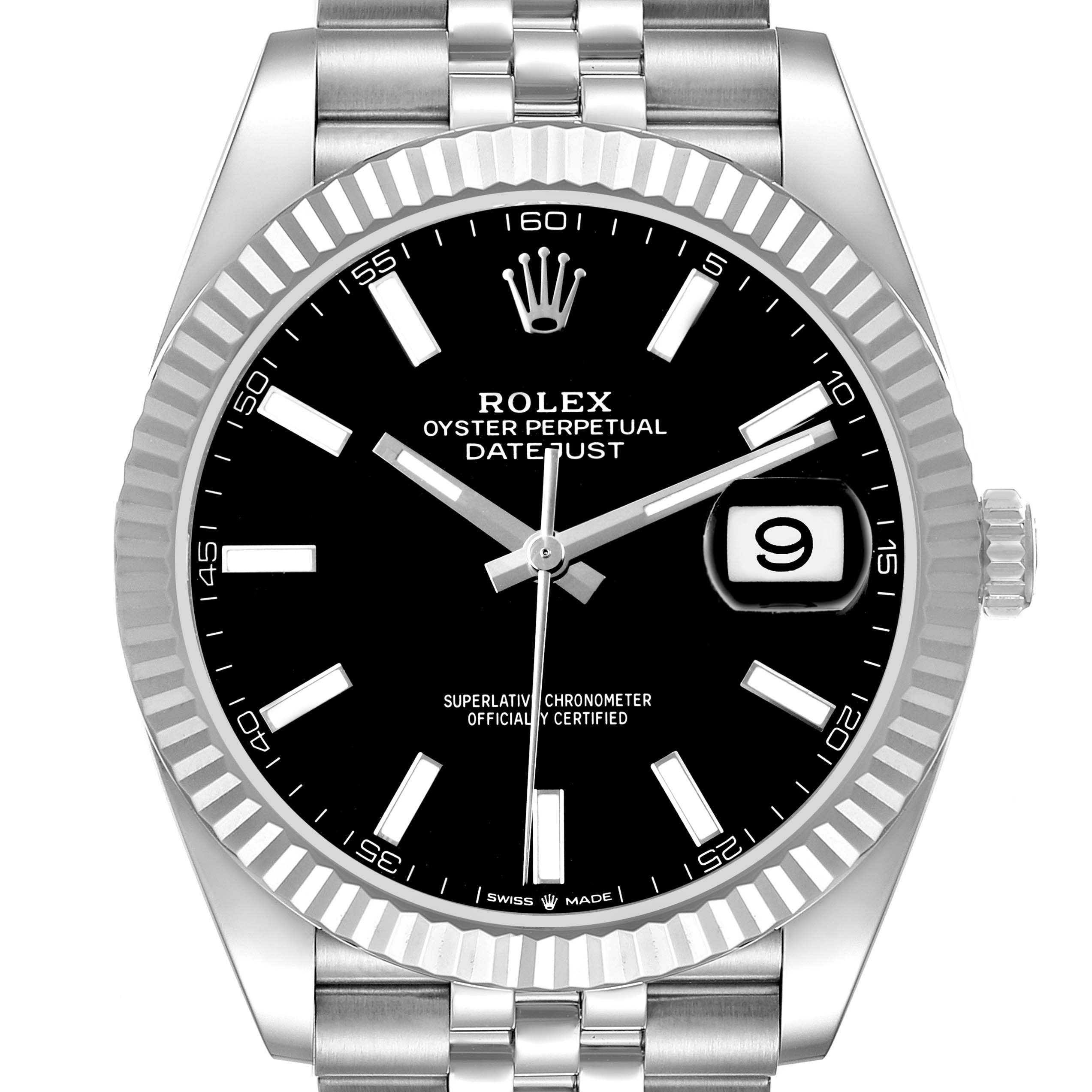 The Rolex Datejust 41 M126334-0018 Men's Stainless Steel Black Dial watch is shown from the front, displaying its bezel, dial, hands, bracelet, and date window.