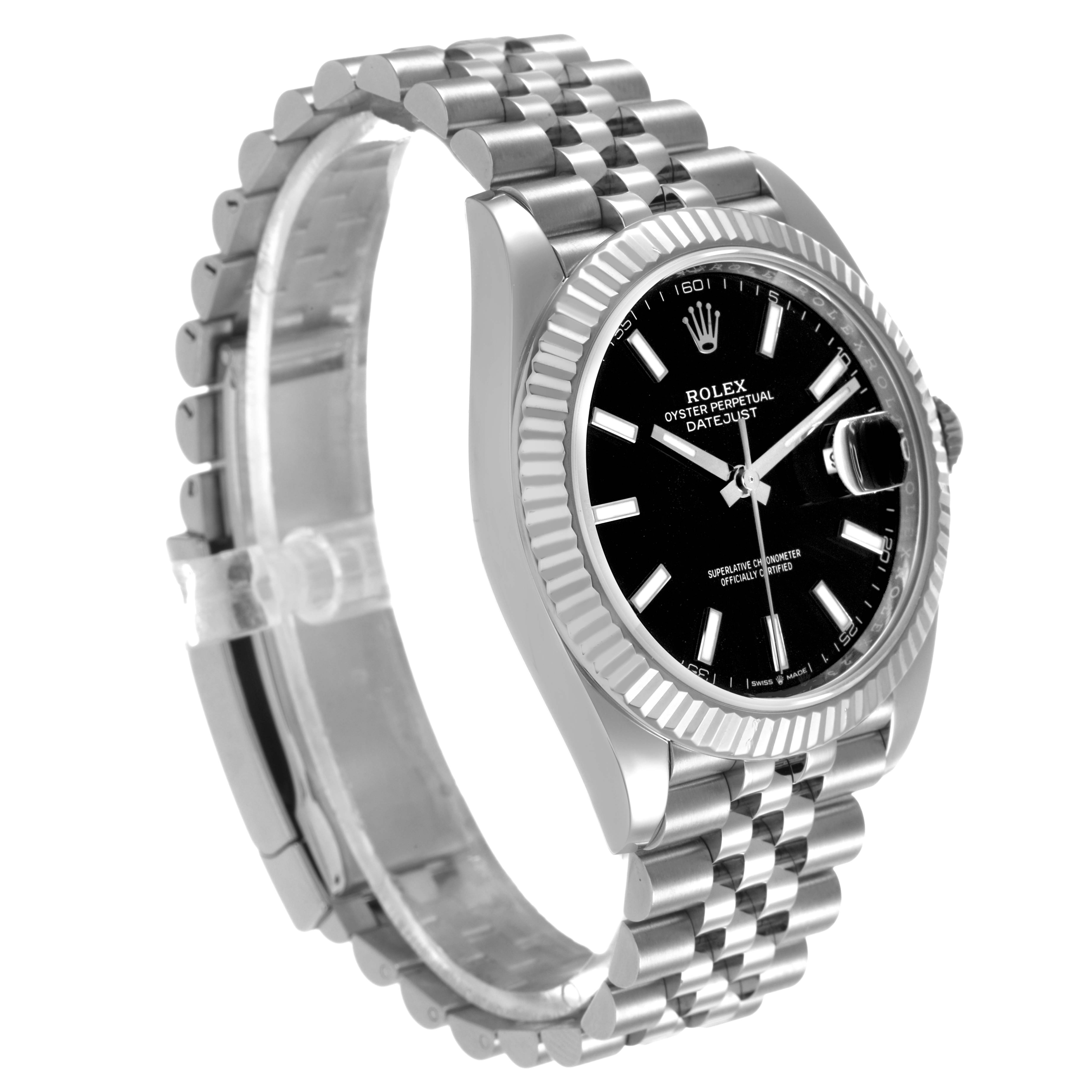 The Rolex Datejust 41 M126334-0018 Men's Stainless Steel Black Dial is shown in a three-quarter view, highlighting the face, fluted bezel, Jubilee bracelet, and date magnifier.