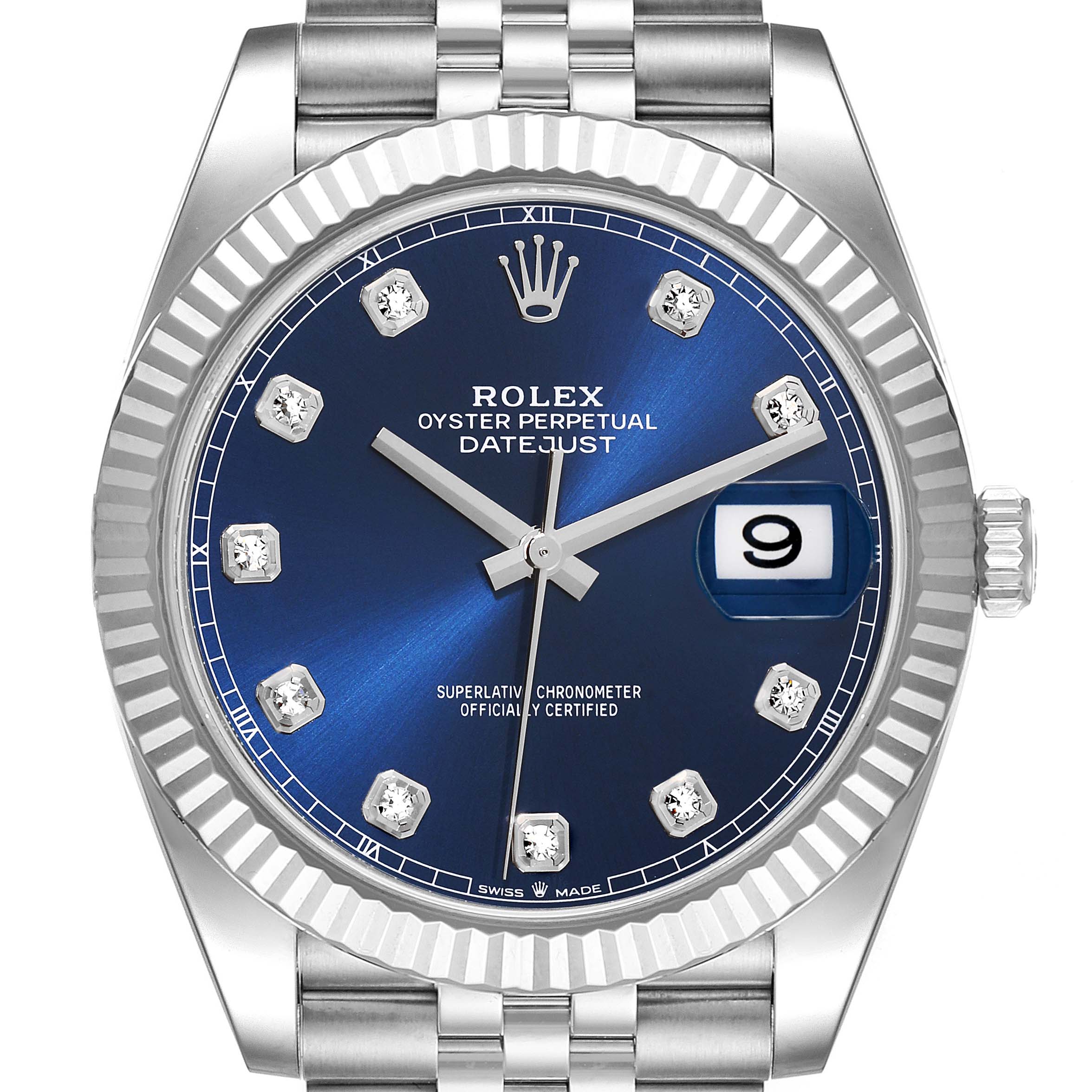 This is a front view of the Rolex Datejust 41 126334 Men
s Stainless Steel Blue Dial 126334 Men
s Stainless Steel Blue Dial watch showing its blue dial, date window, diamond markers, and Jubilee bracelet.