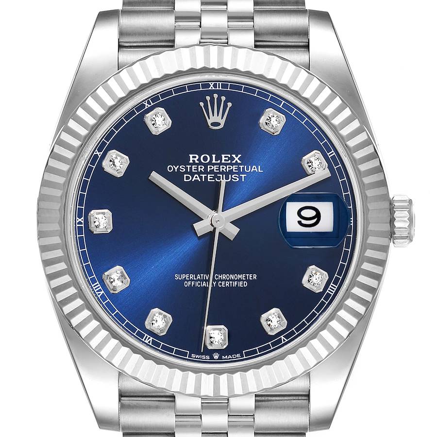 Rolex Datejust 41 Steel White Gold Blue Diamond Dial Mens Watch 126334 Box Card SwissWatchExpo