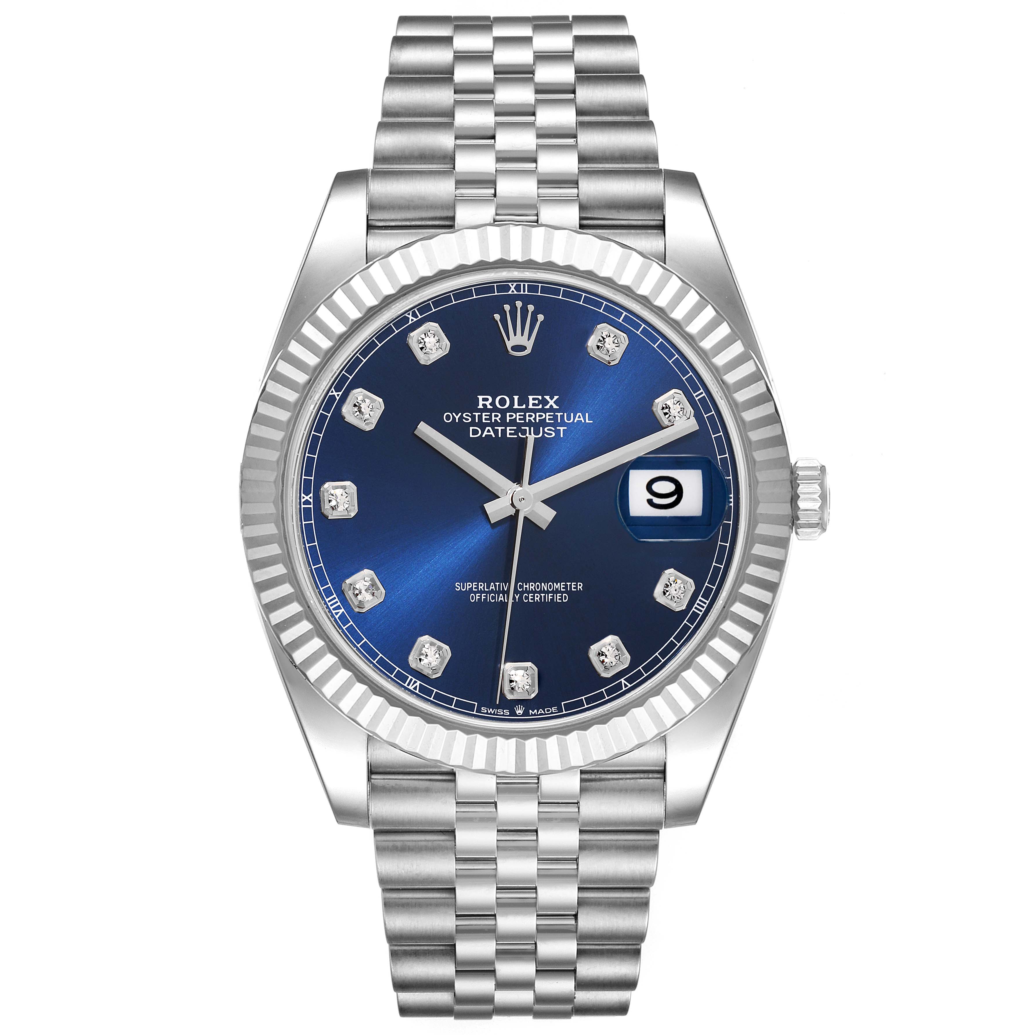 The image shows a front view of the Rolex Datejust 41 126334 Men
s Stainless Steel Blue Dial 126334 Men
s Stainless Steel Blue Dial with a blue dial, diamond hour markers, and a jubilee bracelet.