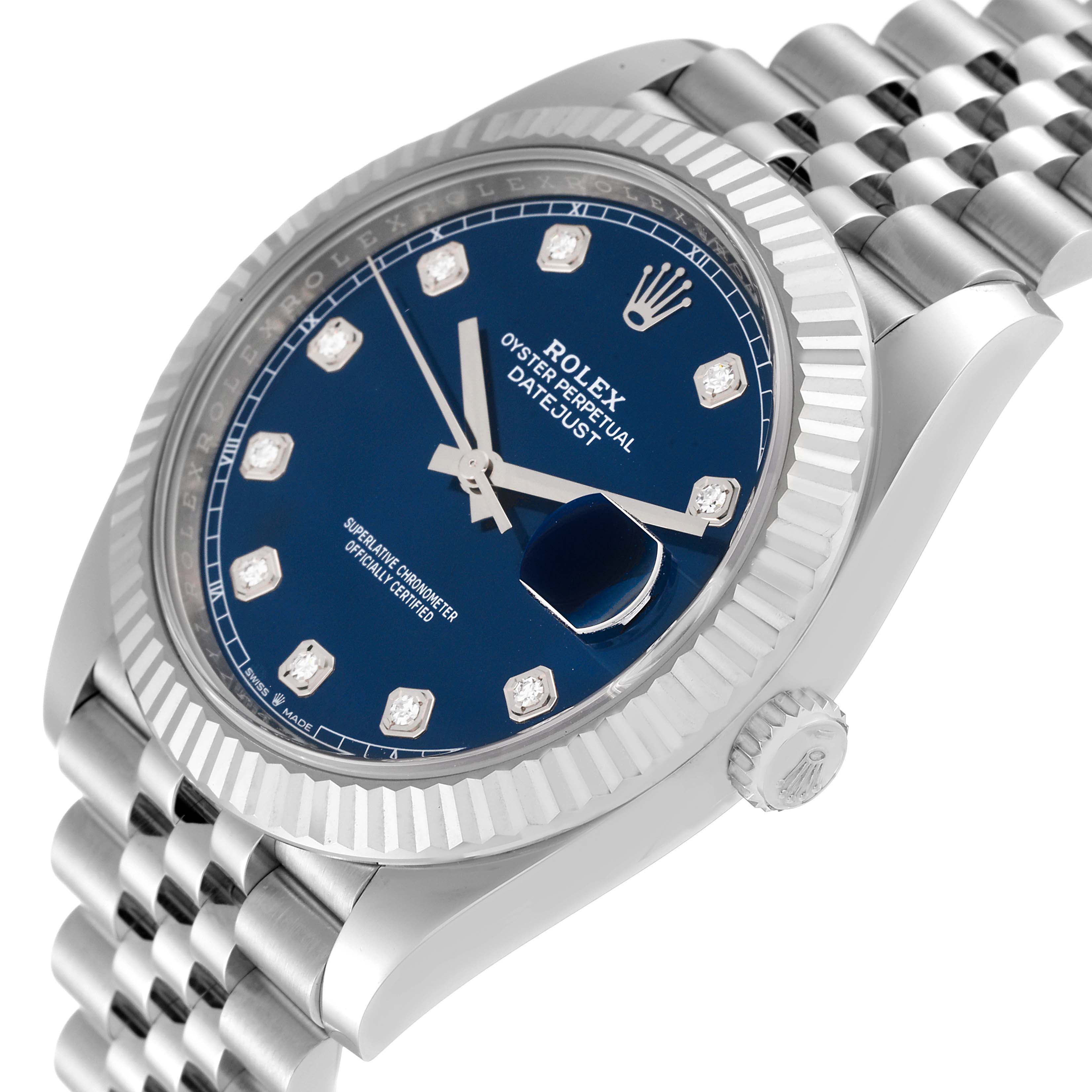 The image shows a close-up angle of the Rolex Datejust 41 126334 Men
s Stainless Steel Blue Dial 126334 Men
s Stainless Steel Blue Dial, highlighting the blue dial, fluted bezel, date window, and part of the bracelet.