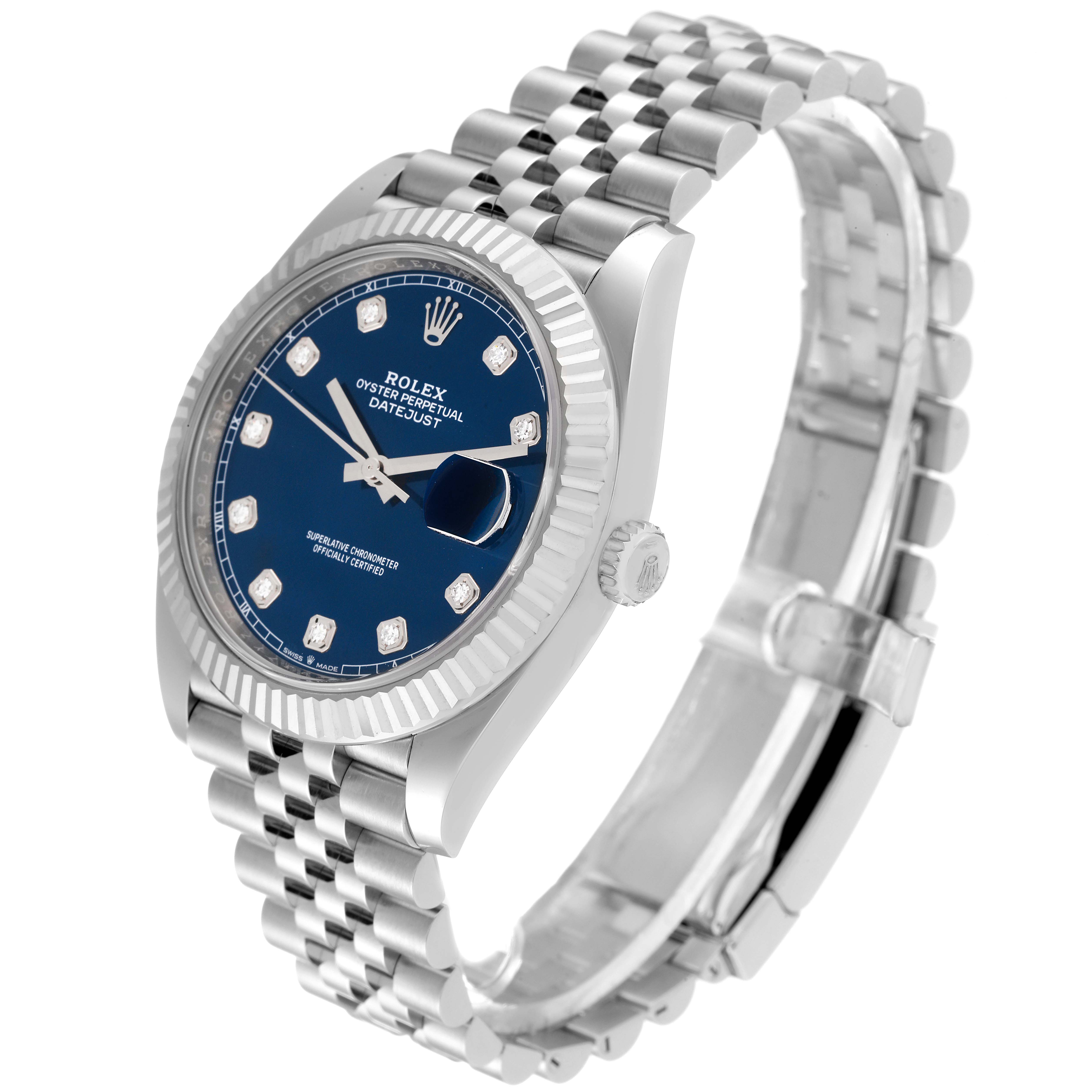 The image shows a Rolex Datejust 41 126334 Men
s Stainless Steel Blue Dial 126334 Men
s Stainless Steel Blue Dial watch at a three-quarter angle, highlighting its blue dial and Jubilee bracelet.