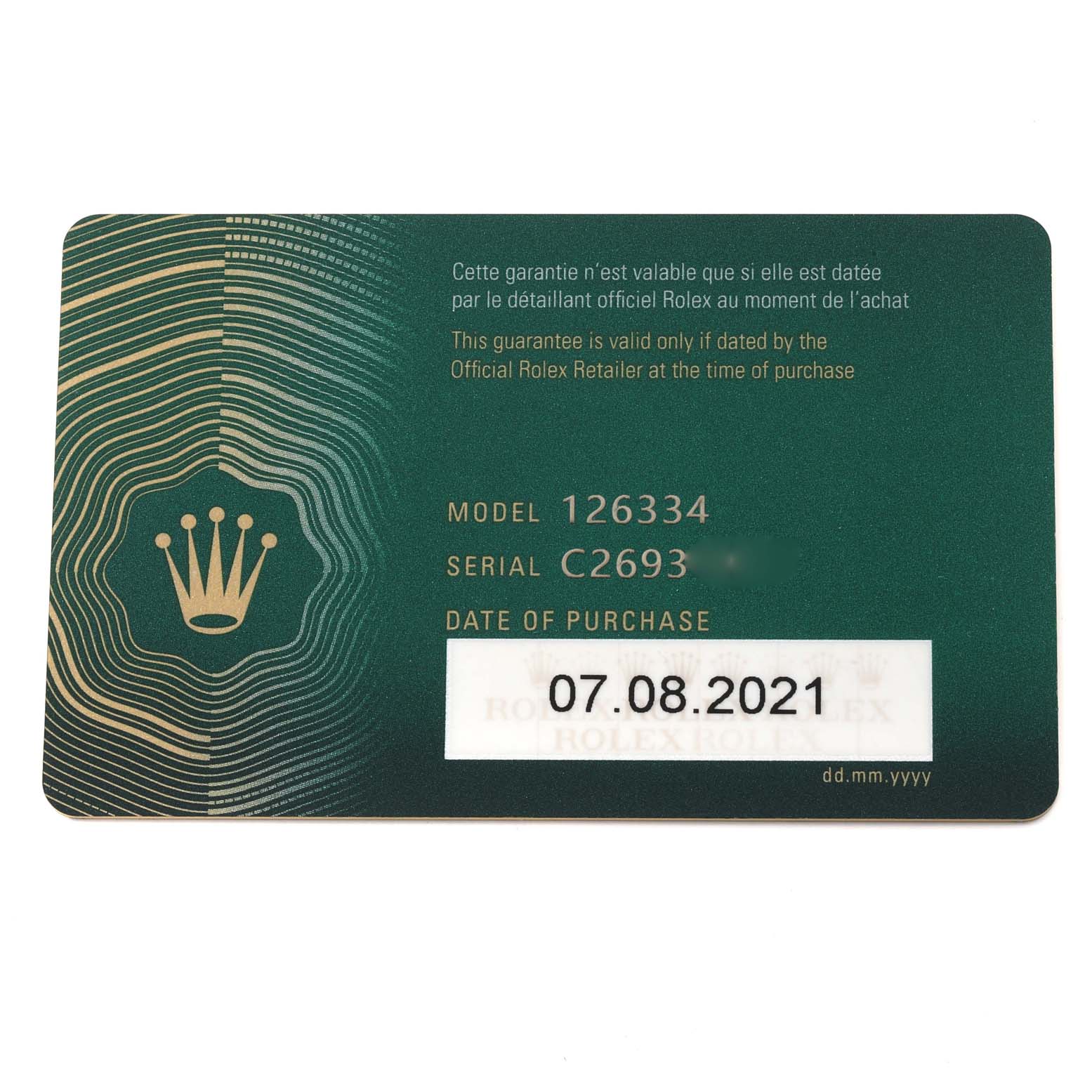 This is a warranty card for the Rolex Datejust 41 126334 Men
s Stainless Steel Blue Dial 126334 Men
s Stainless Steel Blue Dial model with model number 126334 and a purchase date of 07.08.2021.