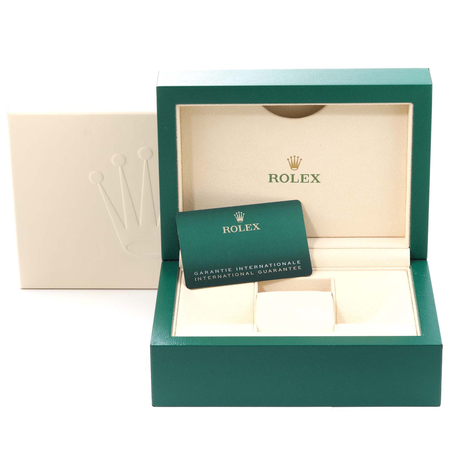 This image shows an open Rolex Datejust 41 126334 Men
s Stainless Steel Blue Dial 126334 Men
s Stainless Steel Blue Dial watch box with a guarantee card placed inside.