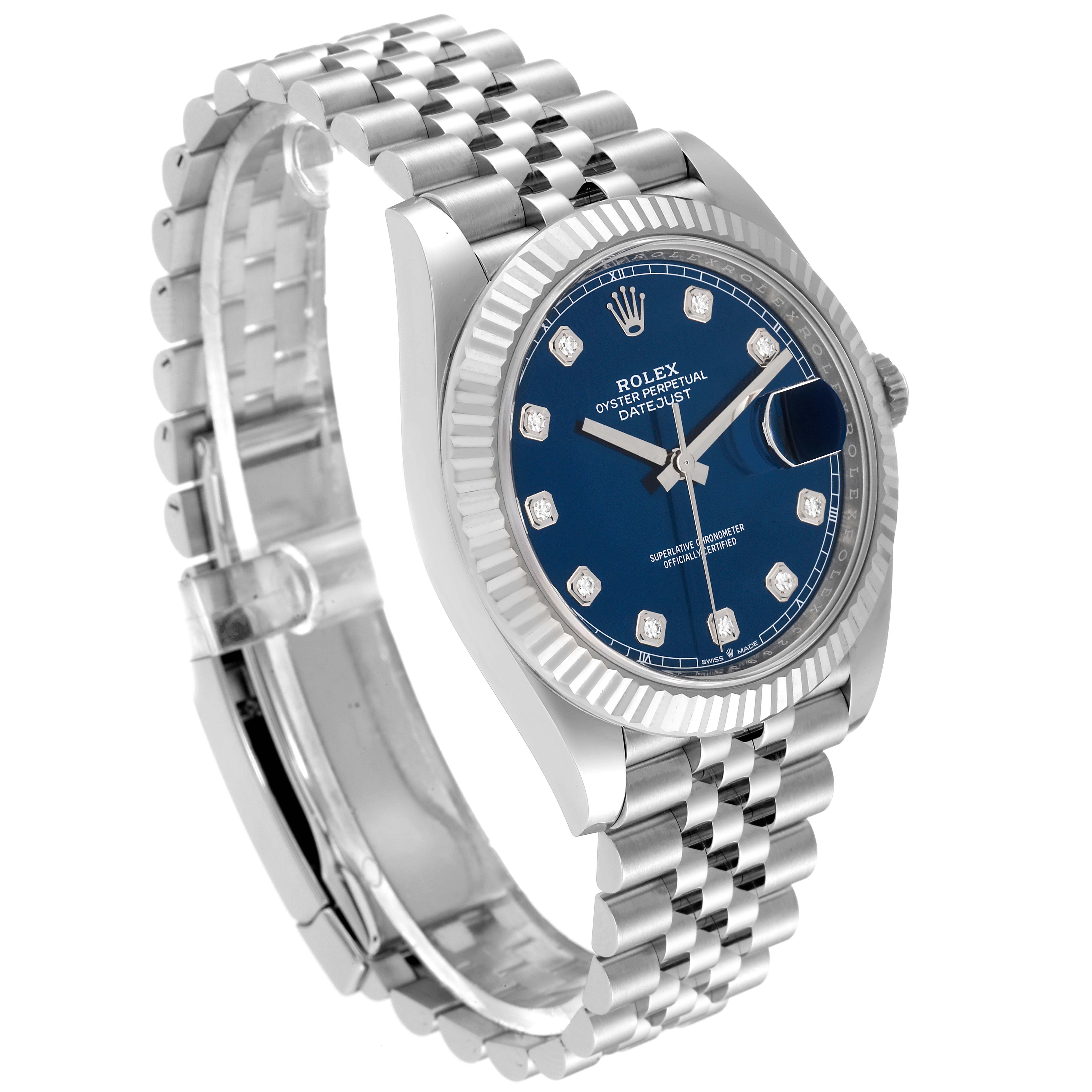 The Rolex Datejust 41 126334 Men
s Stainless Steel Blue Dial 126334 Men
s Stainless Steel Blue Dial watch is shown in an angled side view, displaying its blue dial, bracelet, bezel, and case.
