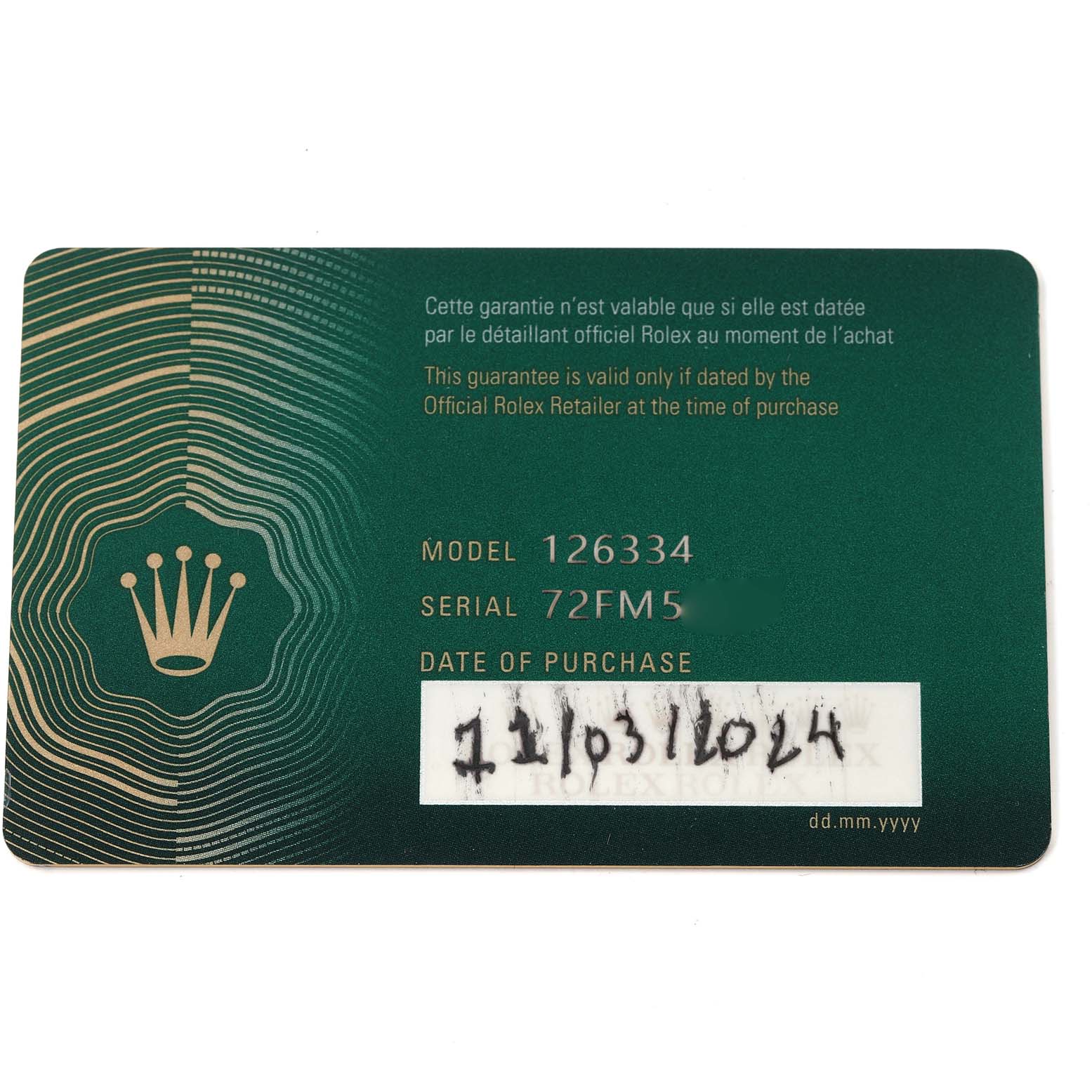 The image shows a warranty card for the Rolex Datejust 41 126334 Men
s Stainless Steel Blue Dial 126334 Men
s Stainless Steel Blue Dial, displaying the model and serial number.