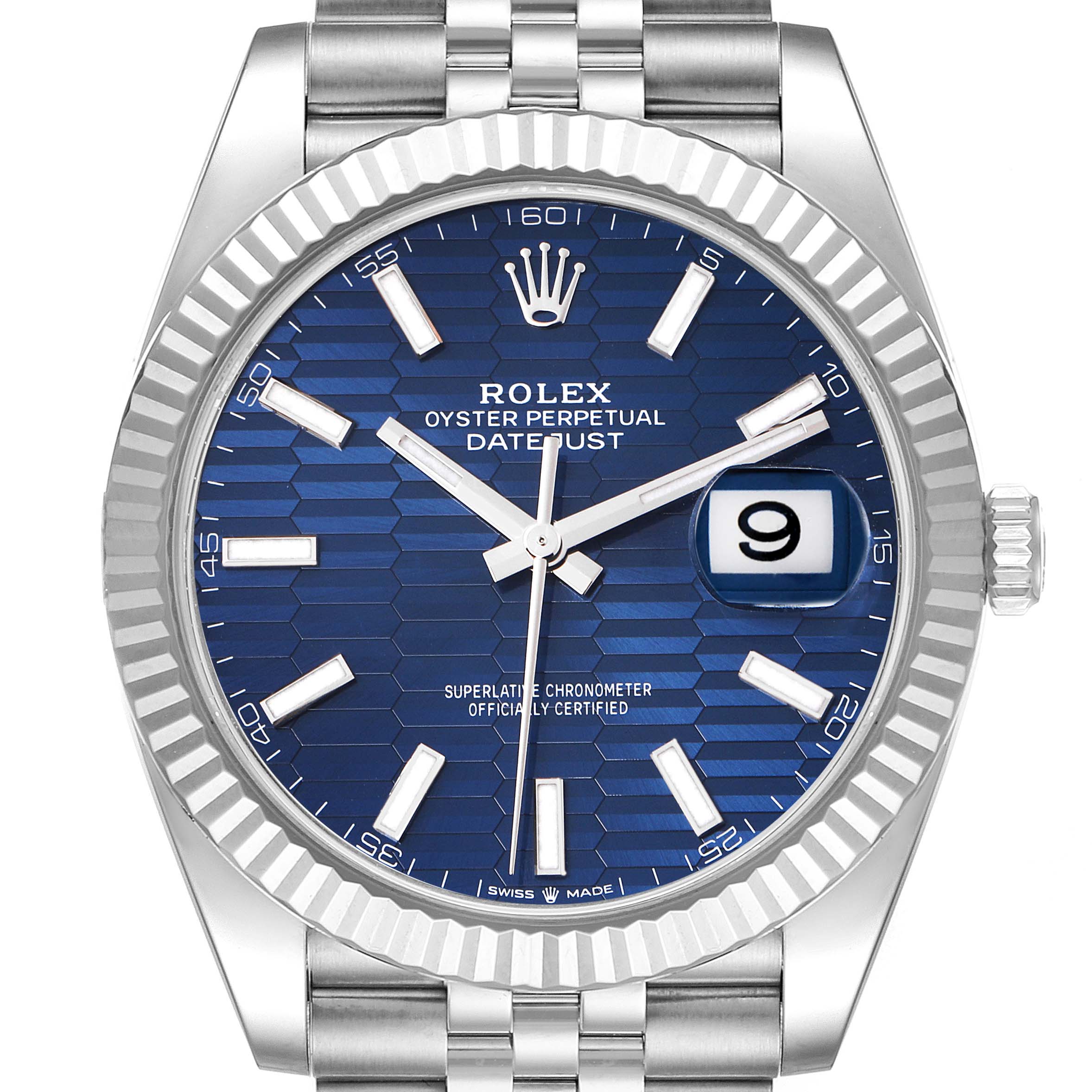 The Rolex Datejust 41 126334 Men
s Stainless Steel Blue Dial 126334 Men
s Stainless Steel Blue Dial is shown from a frontal angle, showcasing the blue dial, fluted bezel, and date window.