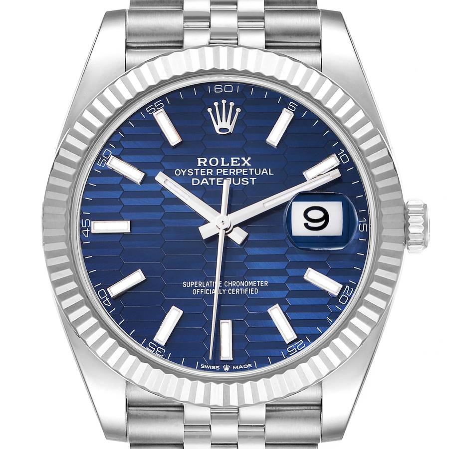 The Rolex Datejust 41 is shown from a frontal angle, showcasing the blue dial, fluted bezel, and date window.