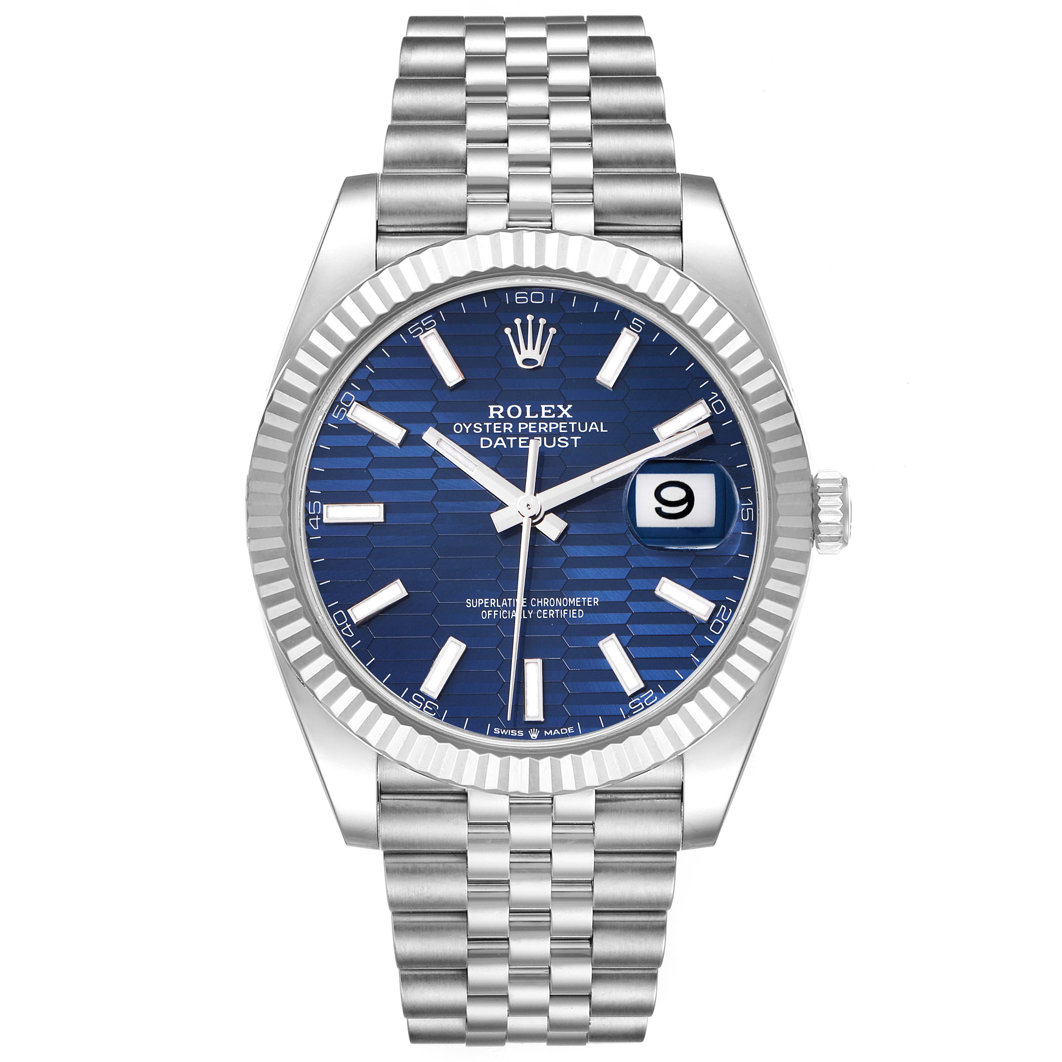 The Rolex Datejust 41 126334 Men
s Stainless Steel Blue Dial 126334 Men
s Stainless Steel Blue Dial is shown from the front, displaying its blue dial, fluted bezel, and stainless steel bracelet.