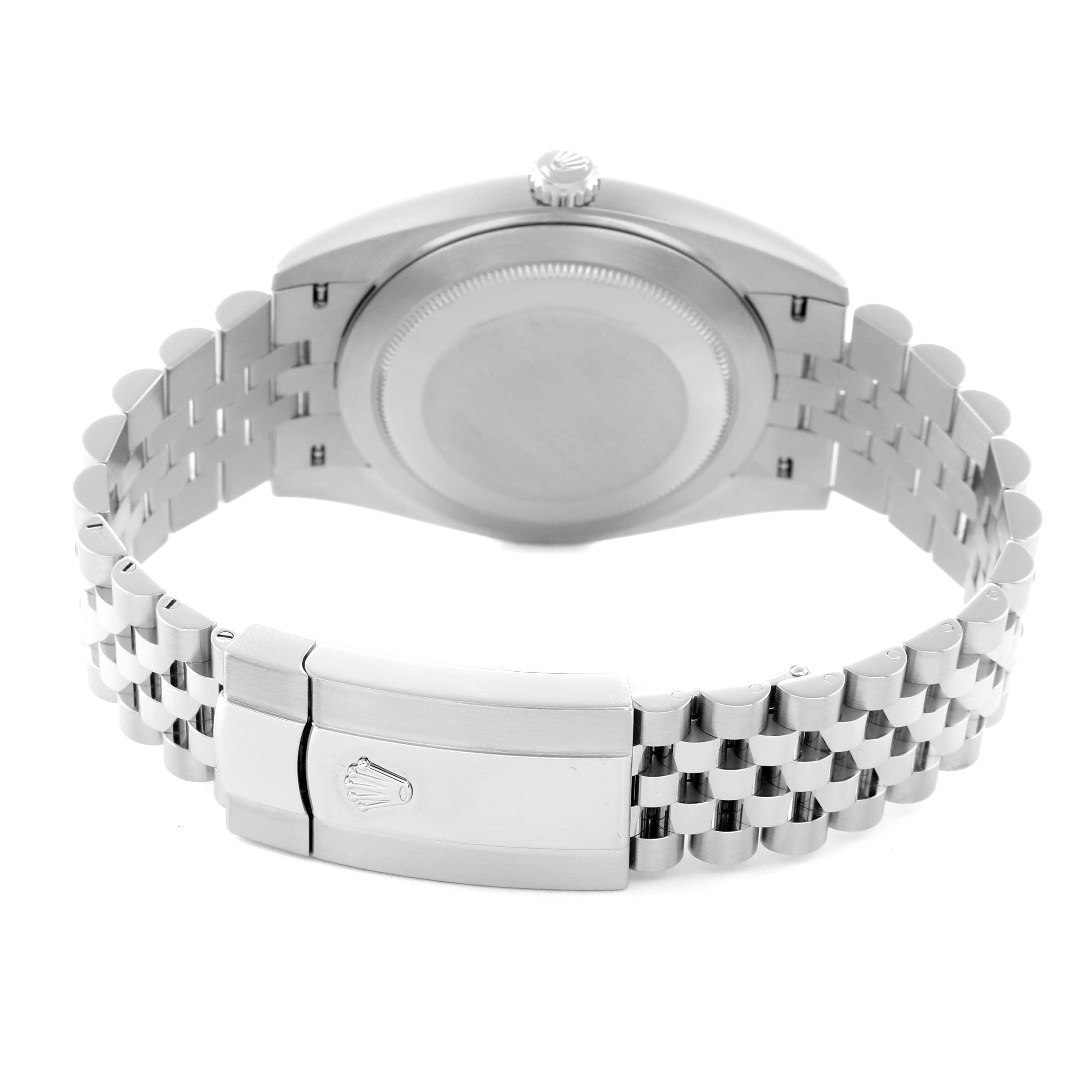 The image shows the back view of a Rolex Datejust 41 126334 Men
s Stainless Steel Blue Dial 126334 Men
s Stainless Steel Blue Dial, highlighting the case back and Jubilee bracelet with the clasp.