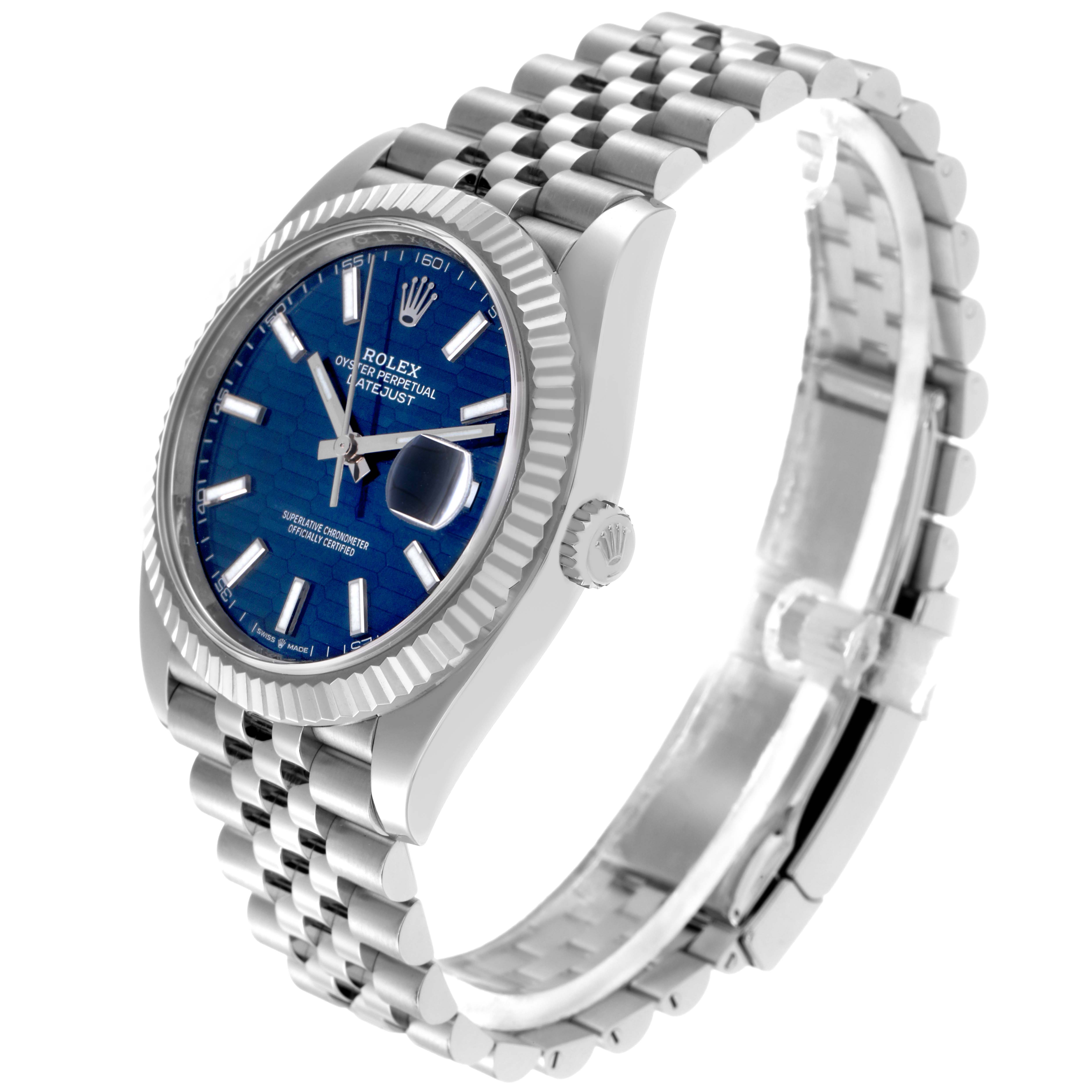 The Rolex Datejust 41 126334 Men
s Stainless Steel Blue Dial 126334 Men
s Stainless Steel Blue Dial is shown from a three-quarter angle, displaying the dial, bezel, crown, and Jubilee bracelet.