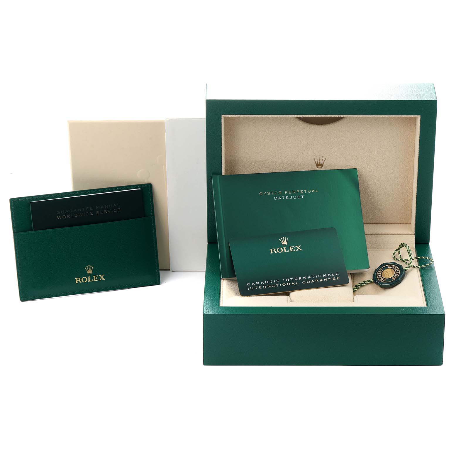 The image shows a Rolex Datejust 41 126334 Men
s Stainless Steel Blue Dial 126334 Men
s Stainless Steel Blue Dial watch box, booklet, cardholder, and warranty card from a frontal angle.