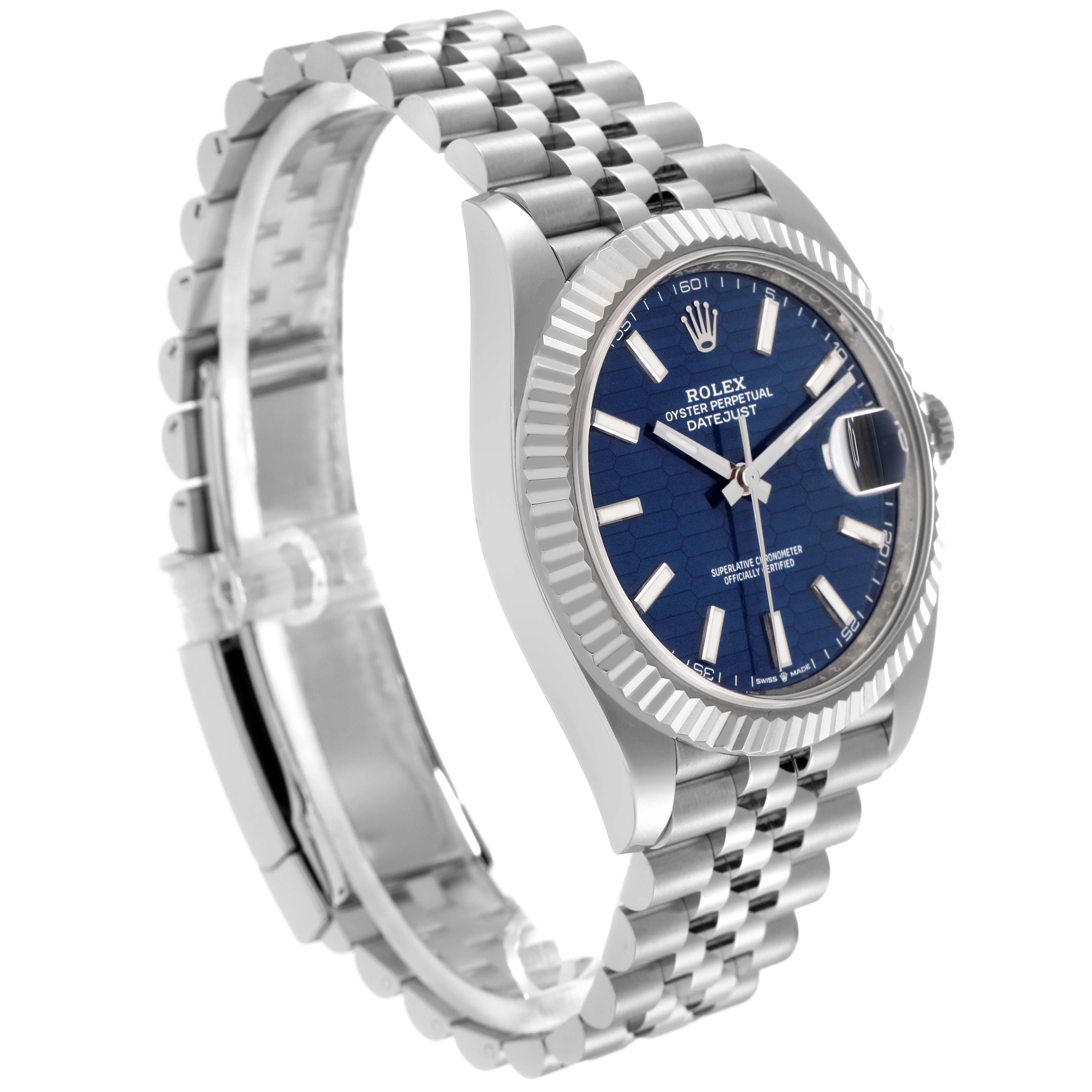 The Rolex Datejust 41 126334 Men
s Stainless Steel Blue Dial 126334 Men
s Stainless Steel Blue Dial is shown at an angled side view, highlighting the dial, bracelet, and fluted bezel.