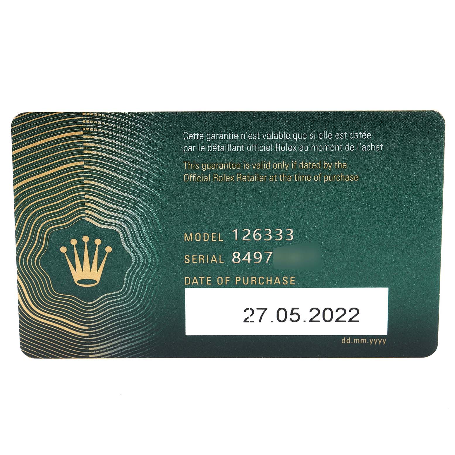 This image depicts a warranty card for the Rolex Datejust 41 126333 Men's Steel and Gold (two tone) Champagne Dial 126333 Men's Steel and Gold (two tone) Champagne Dial model, displaying the model and serial number along with the purchase date.