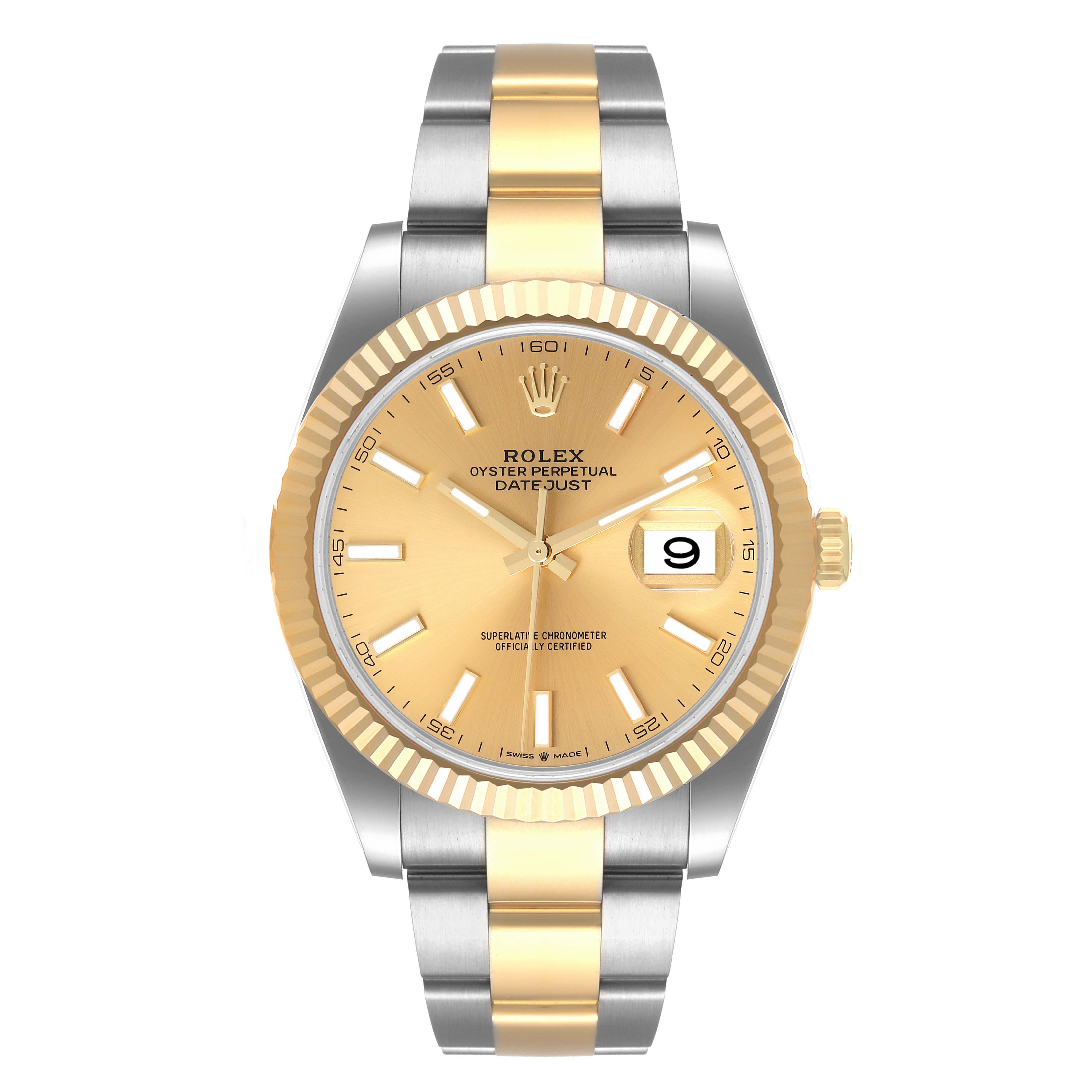 This image shows a front view of the Rolex Datejust 41 126333 Men's Steel and Gold (two tone) Champagne Dial 126333 Men's Steel and Gold (two tone) Champagne Dial watch with a gold and silver bracelet and a yellow dial.
