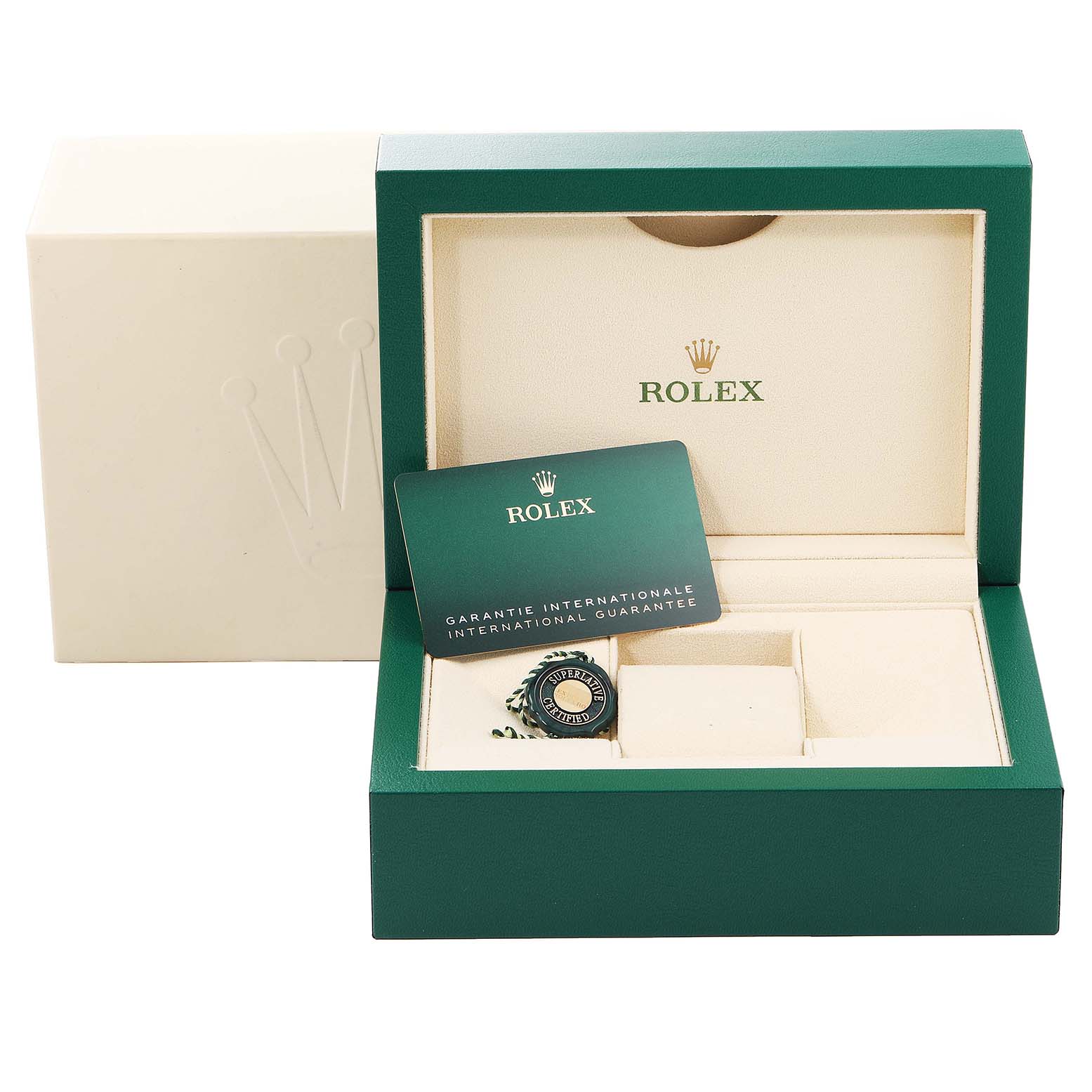 The image shows the open packaging of a Rolex Datejust 41 126333 Men's Steel and Gold (two tone) Champagne Dial 126333 Men's Steel and Gold (two tone) Champagne Dial, displaying the box, a guarantee card, and a tag.