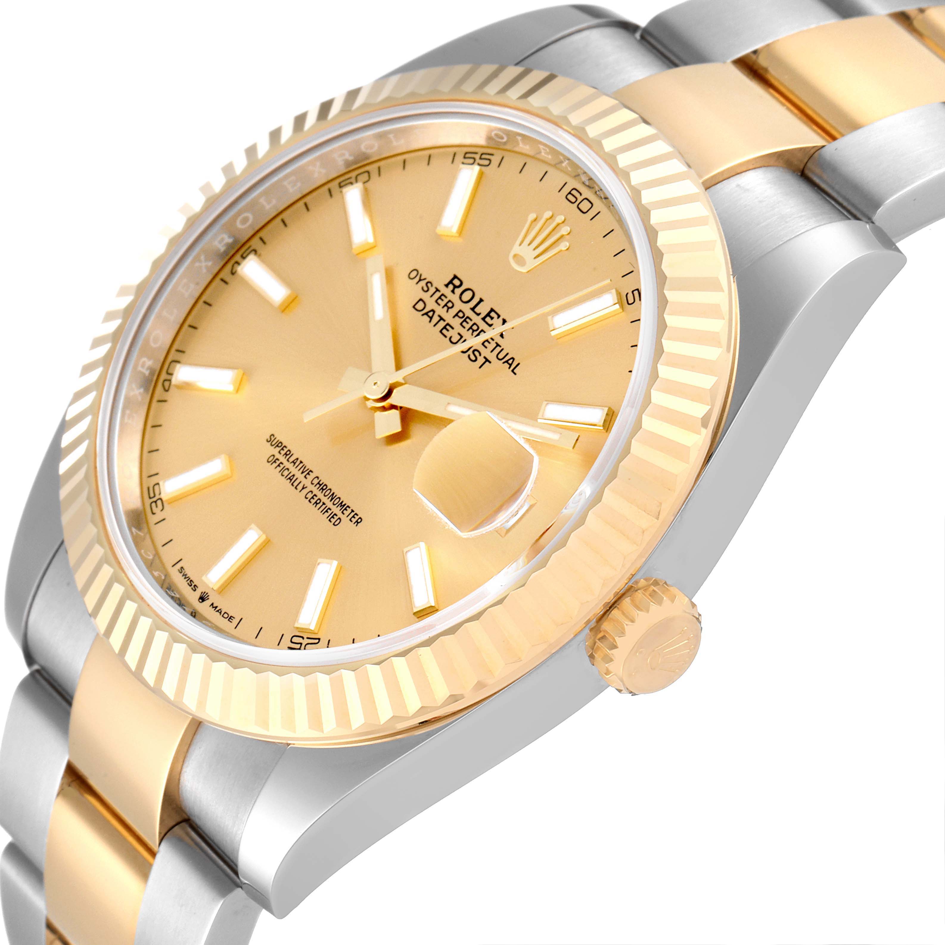 This image shows a side angle of the Rolex Datejust 41 126333 Men's Steel and Gold (two tone) Champagne Dial 126333 Men's Steel and Gold (two tone) Champagne Dial, highlighting its gold face, bezel, and the crown.