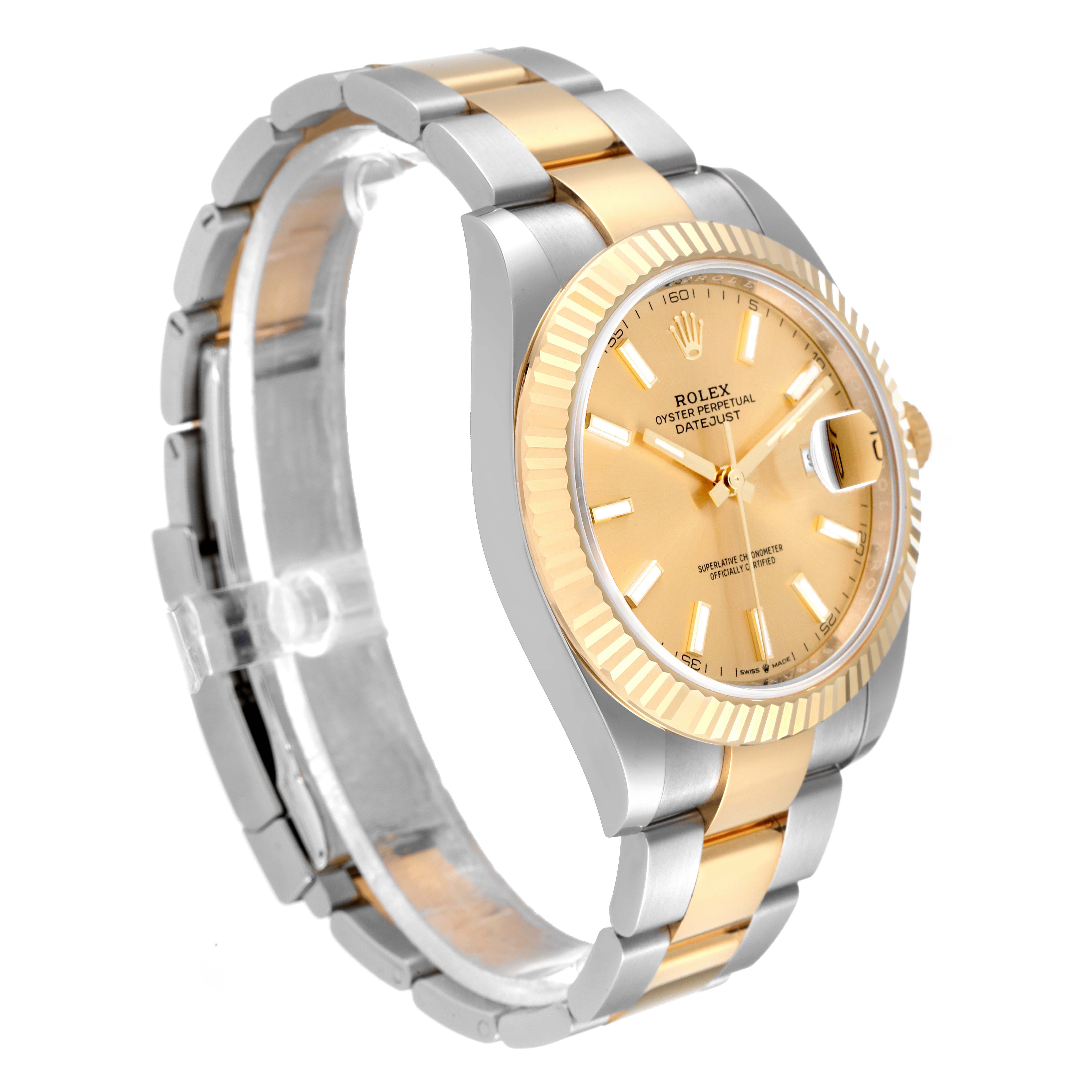 The Rolex Datejust 41 126333 Men's Steel and Gold (two tone) Champagne Dial 126333 Men's Steel and Gold (two tone) Champagne Dial watch is shown at a three-quarter angle, highlighting the dial, fluted bezel, and two-tone bracelet.