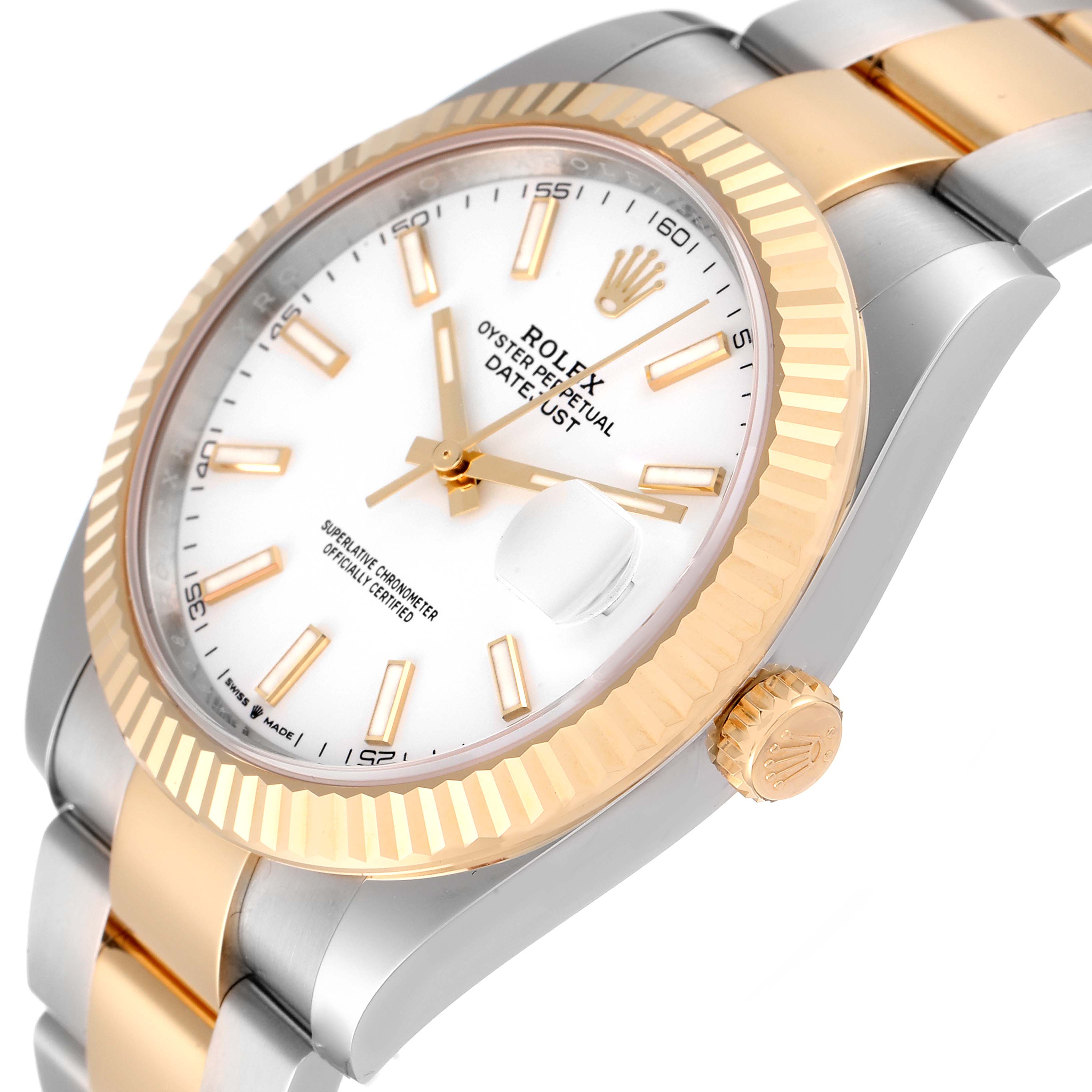 The image shows a Rolex Datejust 41 126333 Men's Steel and Gold (two tone) White Dial 126333 Men's Steel and Gold (two tone) White Dial watch viewed at an angle highlighting its face, bezel, and part of the bracelet.