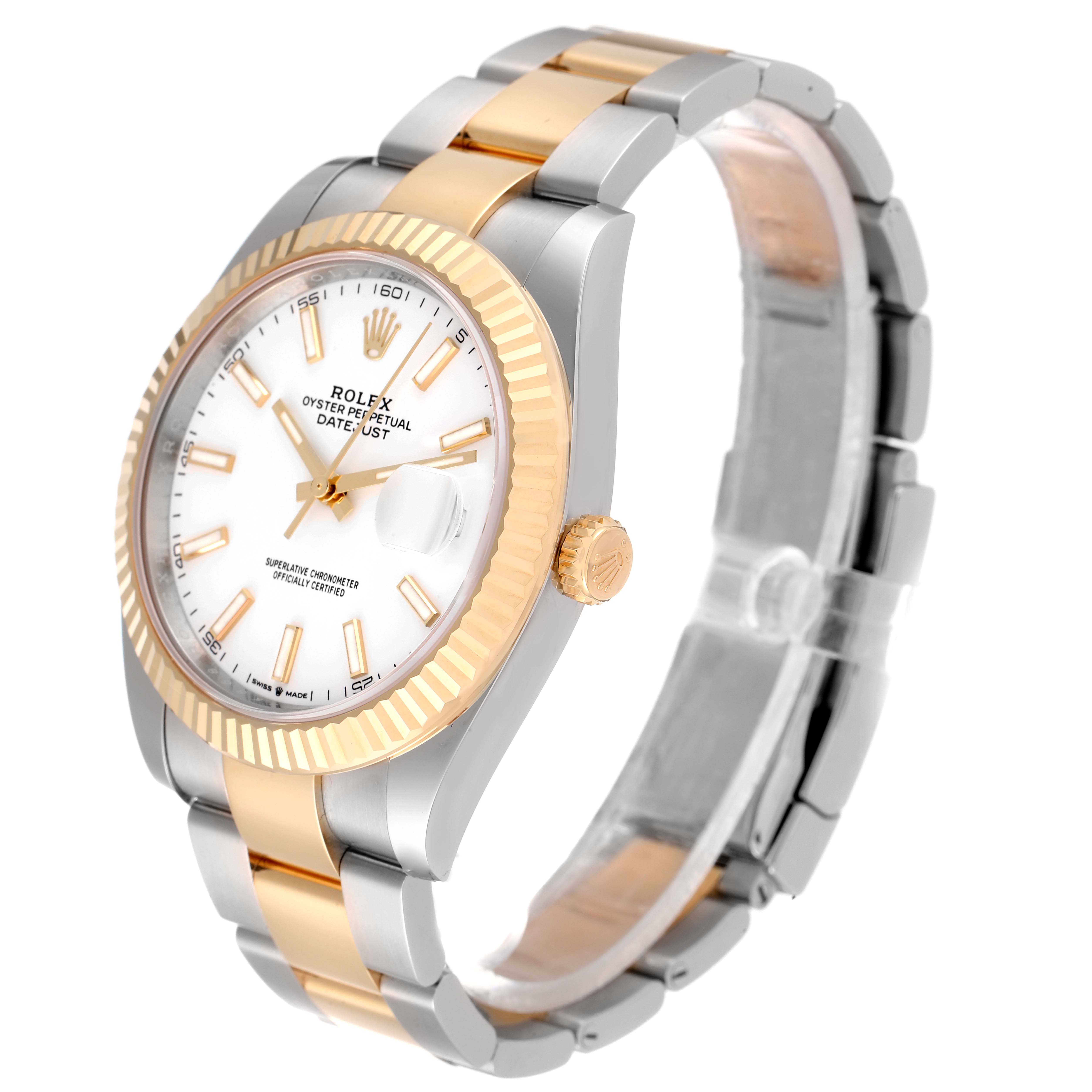 This image shows a Rolex Datejust 41 126333 Men's Steel and Gold (two tone) White Dial 126333 Men's Steel and Gold (two tone) White Dial watch from an angled side view, highlighting its fluted bezel, dial, and bracelet.