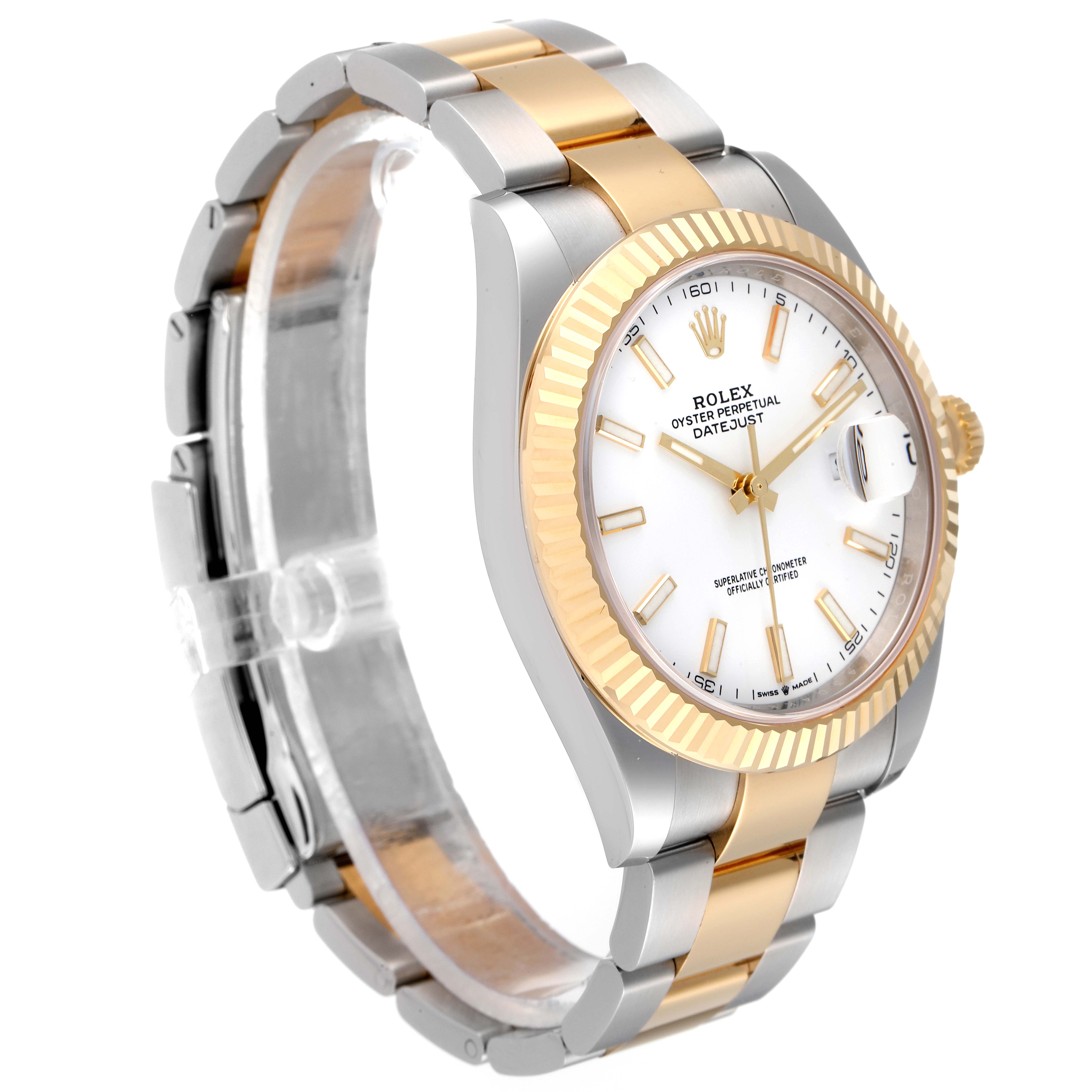 This image shows the Rolex Datejust 41 126333 Men's Steel and Gold (two tone) White Dial 126333 Men's Steel and Gold (two tone) White Dial watch on a diagonal angle, highlighting its face, bezel, and bracelet.