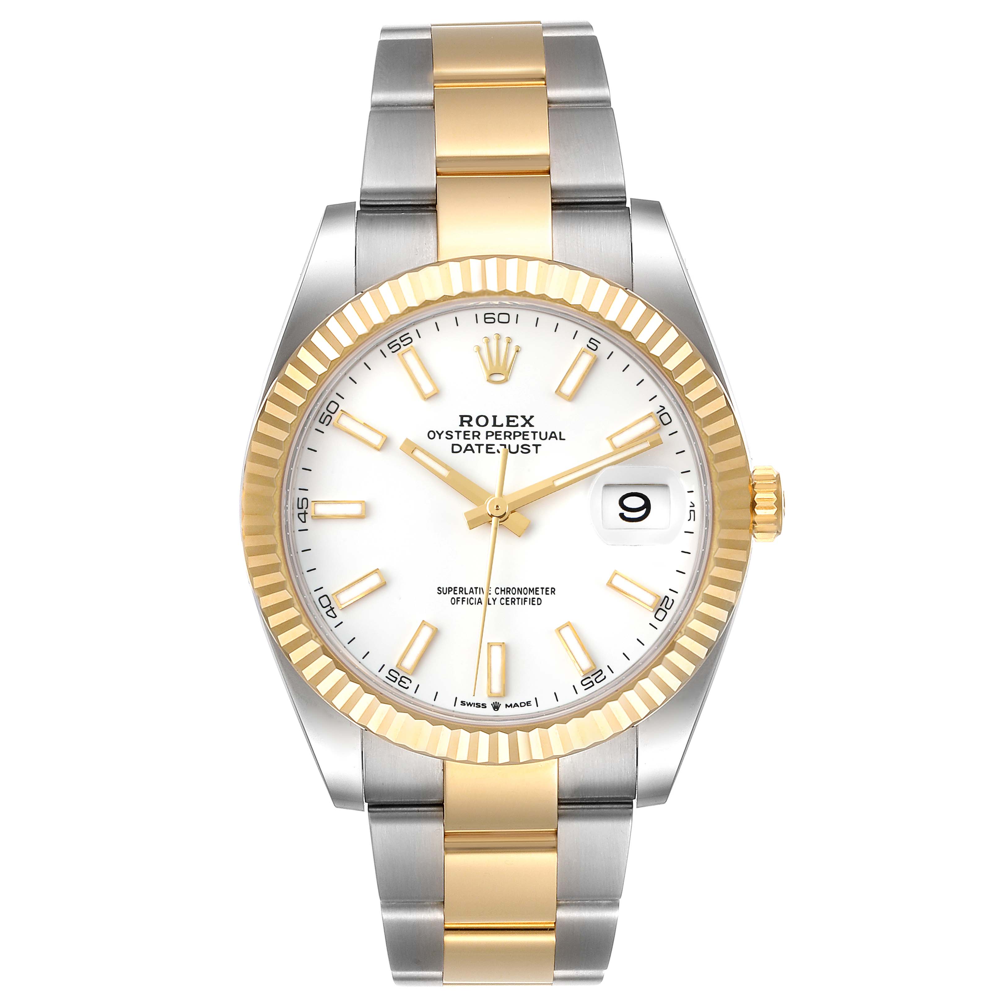The image shows a front view of the Rolex Datejust 41 126333 Men's Steel and Gold (two tone) White Dial 126333 Men's Steel and Gold (two tone) White Dial, highlighting its dial, fluted bezel, and two-tone bracelet.
