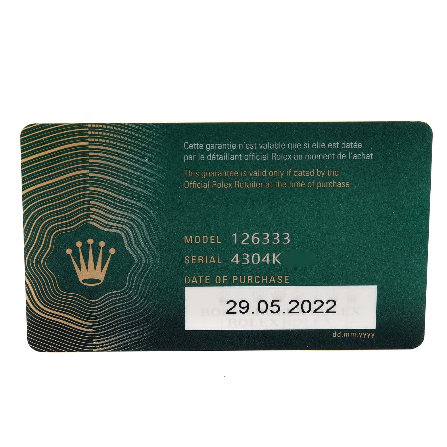The image shows a warranty card for the Rolex Datejust 41 126333 Men's Steel and Gold (two tone) White Dial 126333 Men's Steel and Gold (two tone) White Dial model, including the model number, serial number, and purchase date.