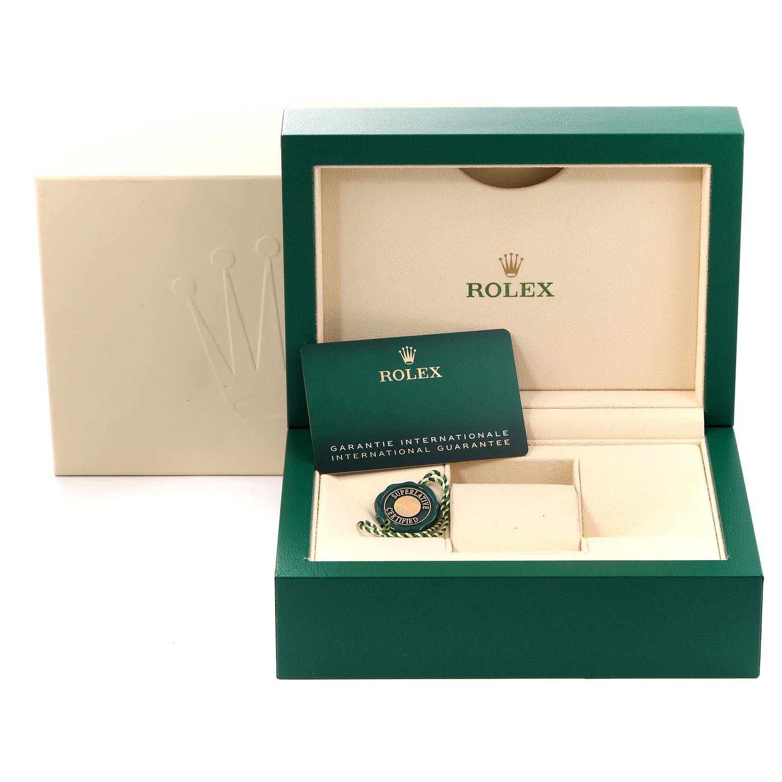 This image shows a green Rolex Datejust 41 126333 Men's Steel and Gold (two tone) White Dial 126333 Men's Steel and Gold (two tone) White Dial watch box, guarantee card, and Rolex tag from a front angle.