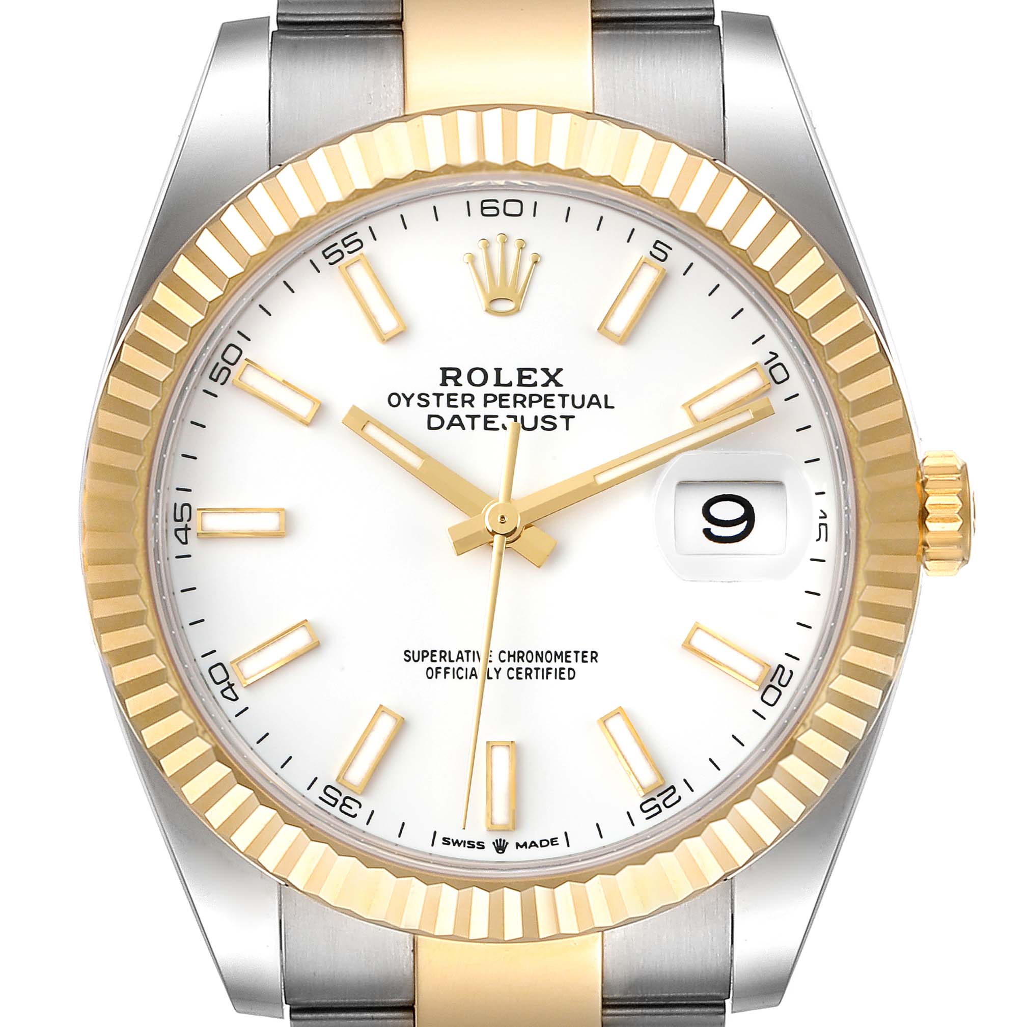 This image displays a front view of the Rolex Datejust 41 126333 Men's Steel and Gold (two tone) White Dial 126333 Men's Steel and Gold (two tone) White Dial watch, highlighting the gold and silver design with a white dial and date indicator.