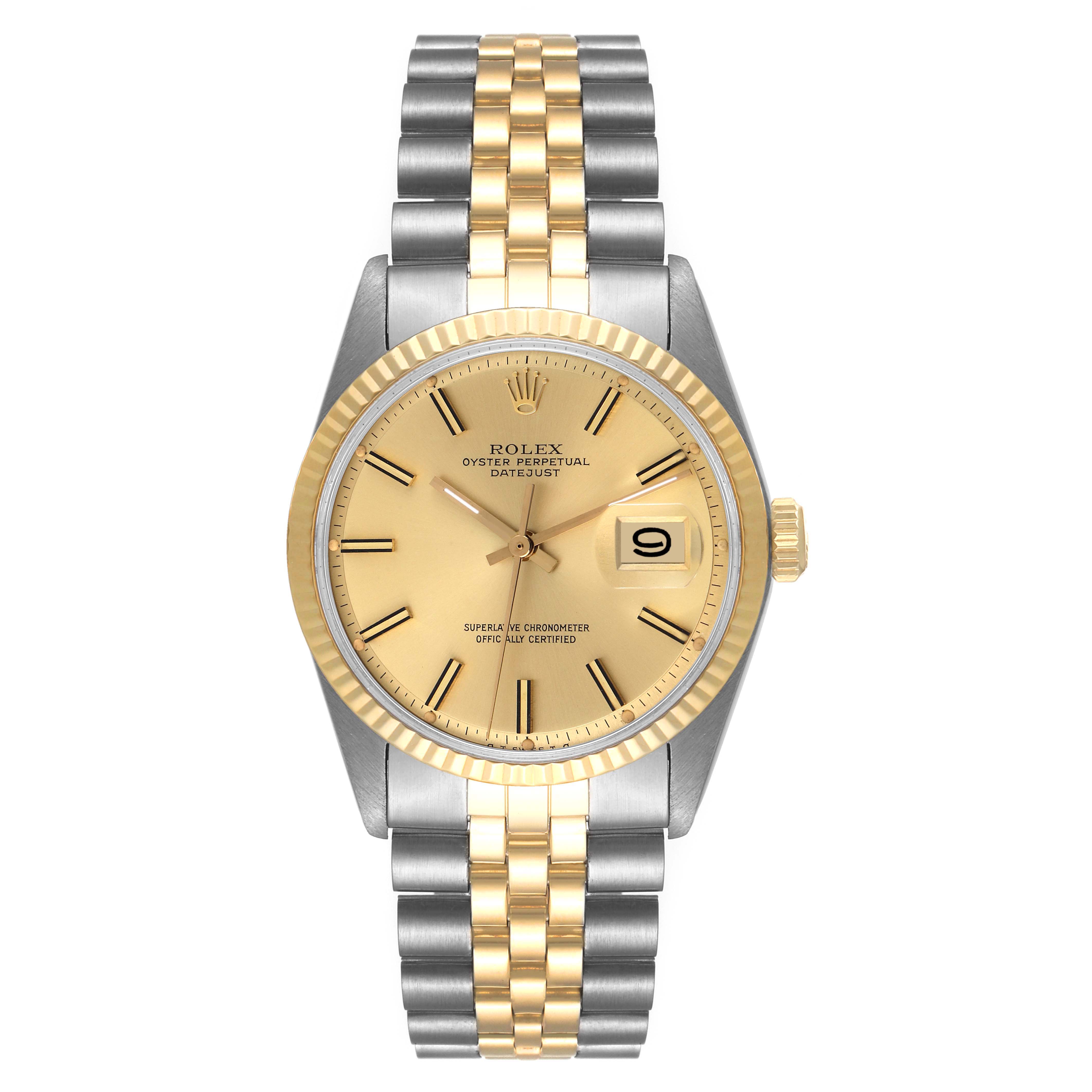This image shows a Rolex Datejust 1601 Men
s Steel and Gold (two tone) Champagne Dial 1601 Men
s Steel and Gold (two tone) Champagne Dial watch from a frontal angle, displaying the face, fluted bezel, and two-tone bracelet.