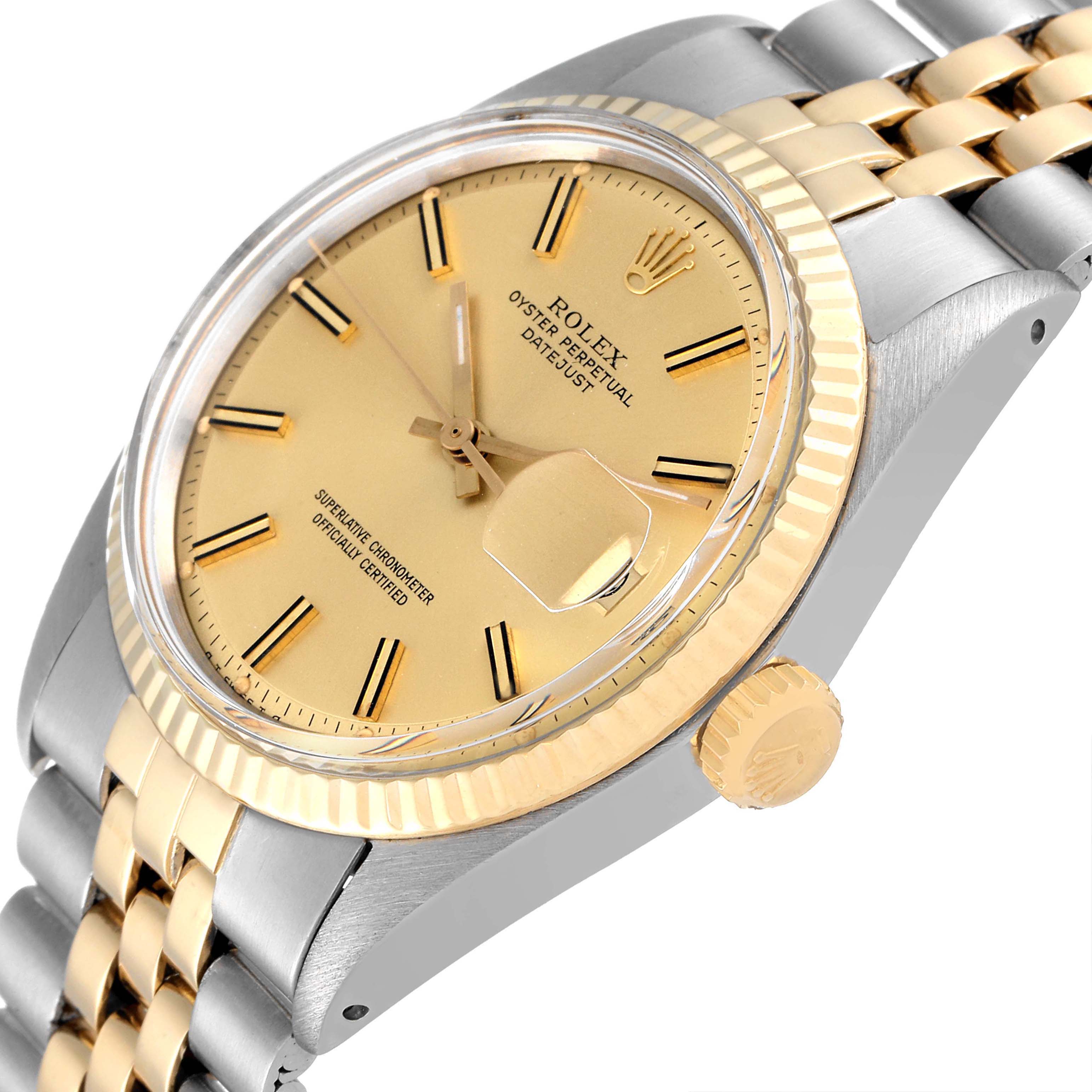 The image shows a close-up view of the Rolex Datejust 1601 Men
s Steel and Gold (two tone) Champagne Dial 1601 Men
s Steel and Gold (two tone) Champagne Dial watch, featuring its face, bezel, crown, and bracelet at an oblique angle.