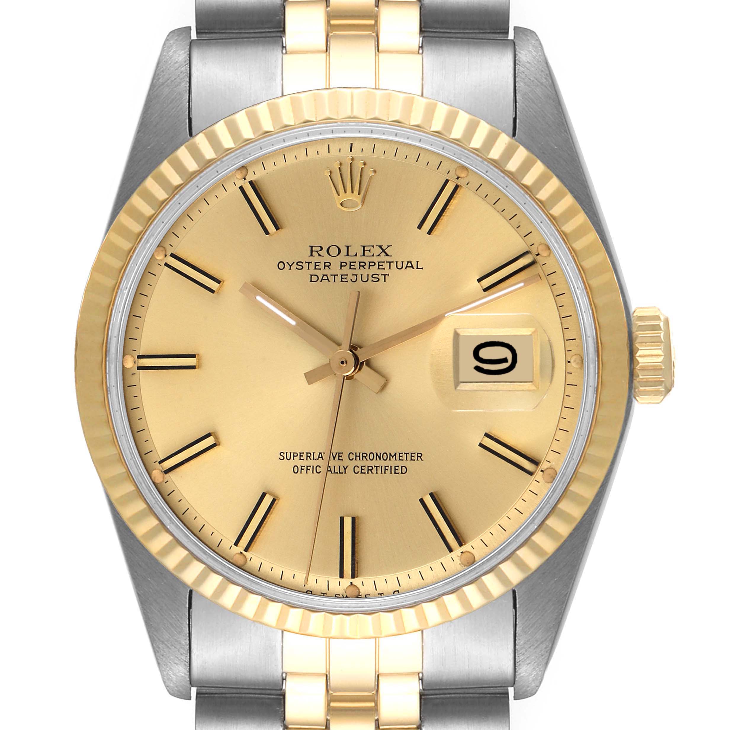 The image shows a front view of the Rolex Datejust 1601 Men
s Steel and Gold (two tone) Champagne Dial 1601 Men
s Steel and Gold (two tone) Champagne Dial watch, highlighting its gold dial, date window, and two-tone bracelet.
