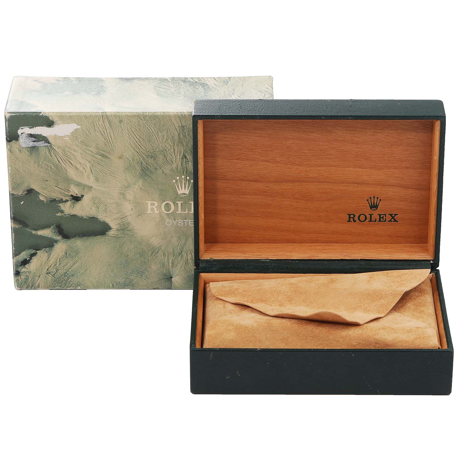 The image shows an open Rolex watch box for a Datejust model with a packaging box in the background.