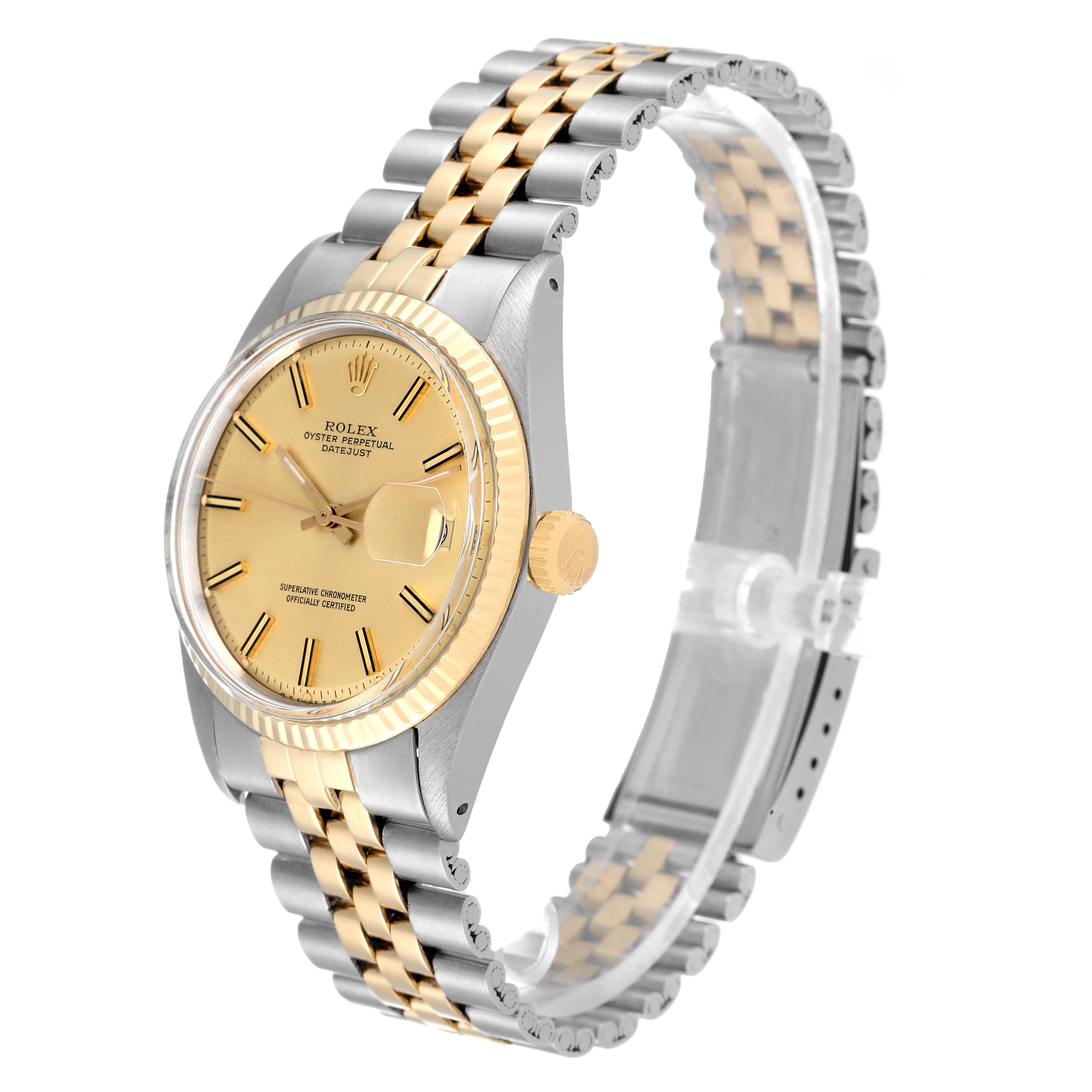 This Rolex Datejust 1601 Men
s Steel and Gold (two tone) Champagne Dial 1601 Men
s Steel and Gold (two tone) Champagne Dial model is shown from an angled side view displaying the face, bezel, crown, and part of the two-tone bracelet.