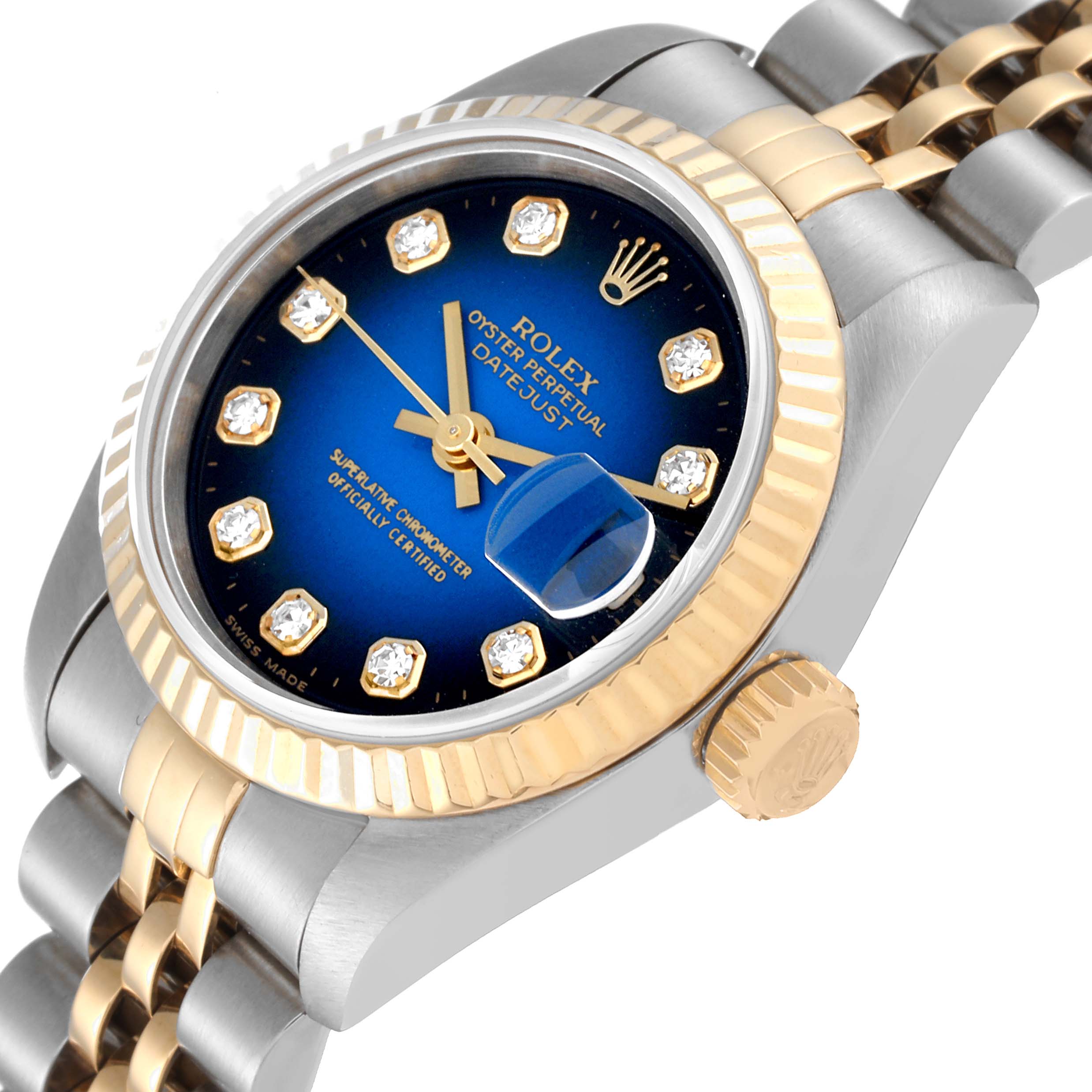 The image shows a Rolex Datejust 69173 Women's Steel and Gold (two tone) Blue Dial 69173 Women's Steel and Gold (two tone) Blue Dial watch at an angle showcasing the bezel, crown, dial, and part of the bracelet.