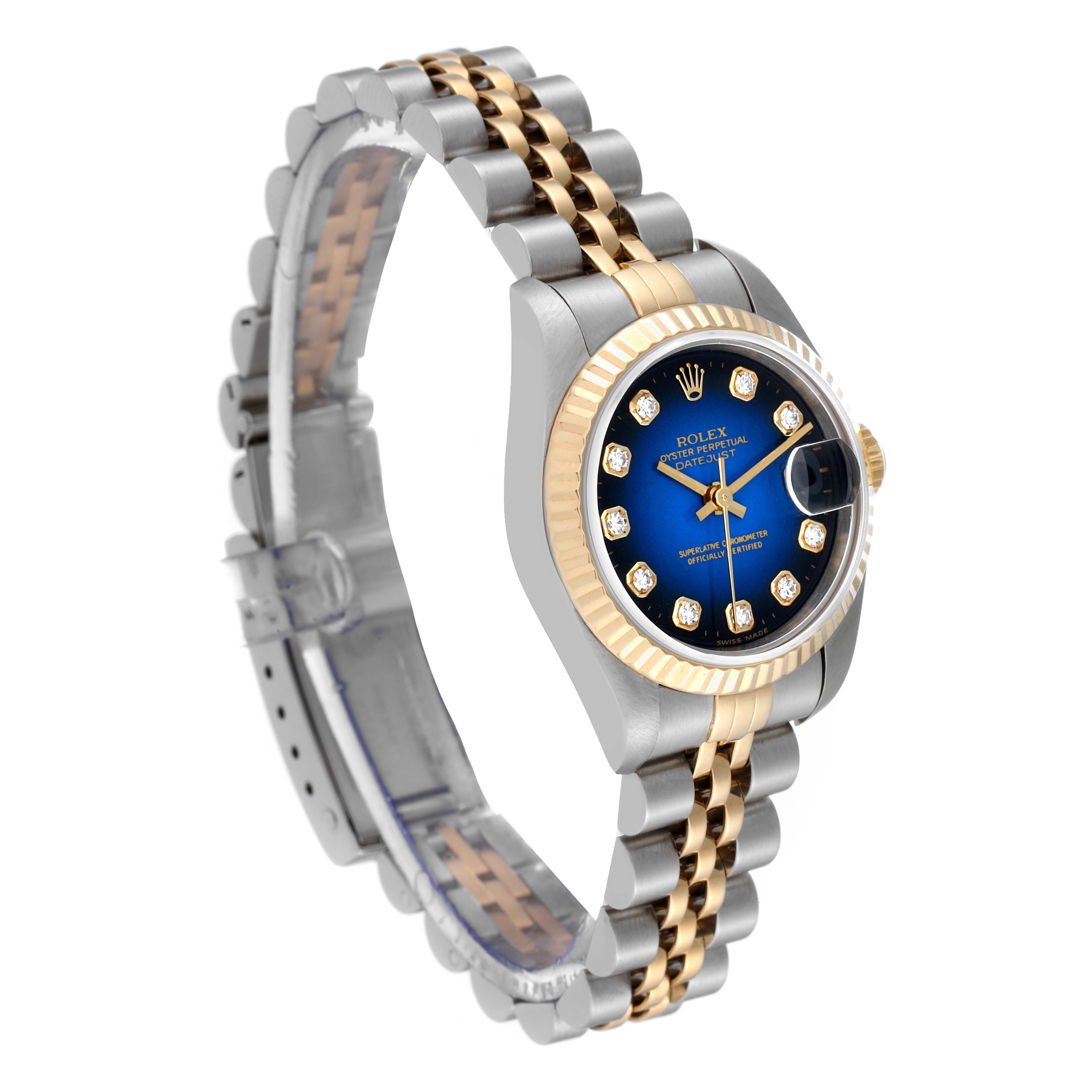 This image shows a Rolex Datejust 69173 Women's Steel and Gold (two tone) Blue Dial 69173 Women's Steel and Gold (two tone) Blue Dial watch at a three-quarter angle, highlighting the bezel, dial, and bracelet.