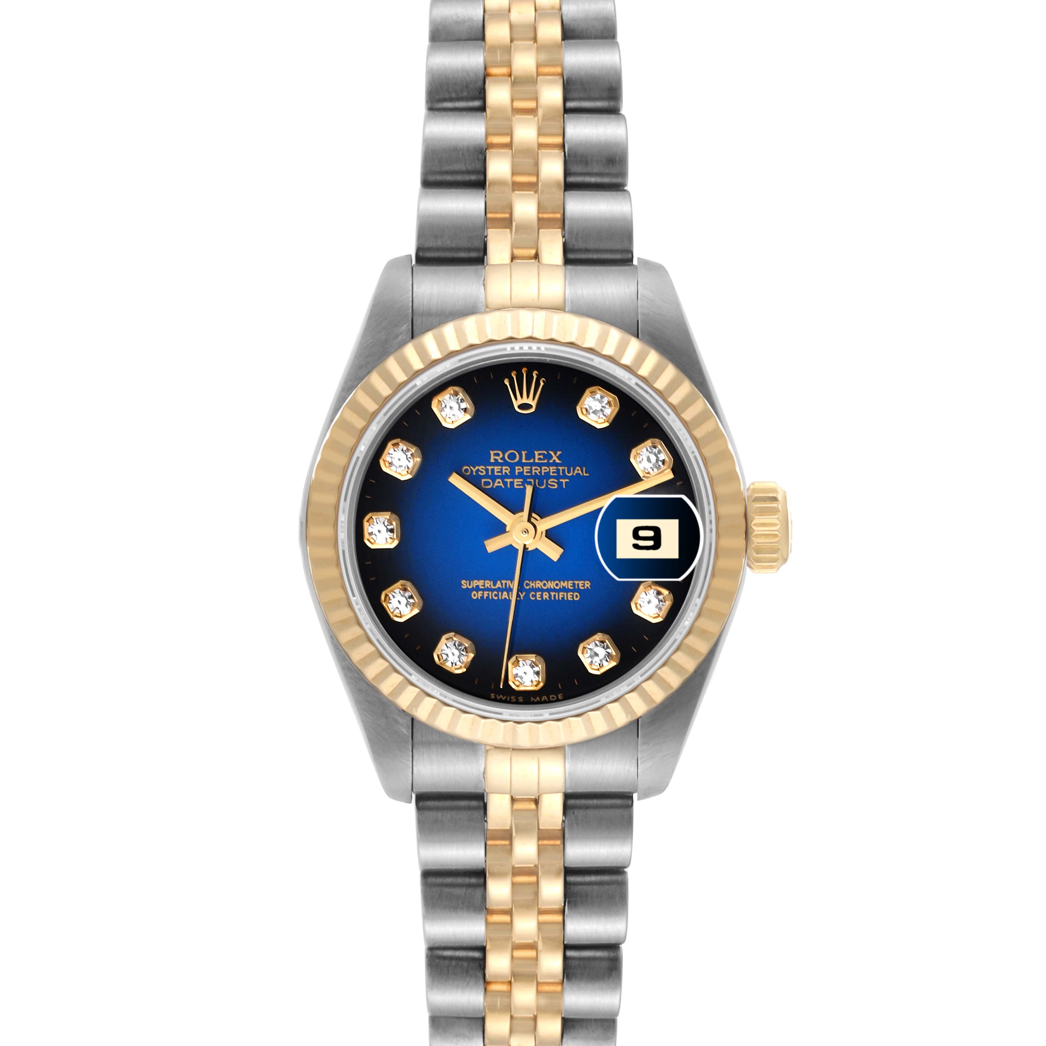 The image shows a frontal view of a Rolex Datejust 69173 Women's Steel and Gold (two tone) Blue Dial 69173 Women's Steel and Gold (two tone) Blue Dial watch, displaying the face, bezel, and part of the bracelet.