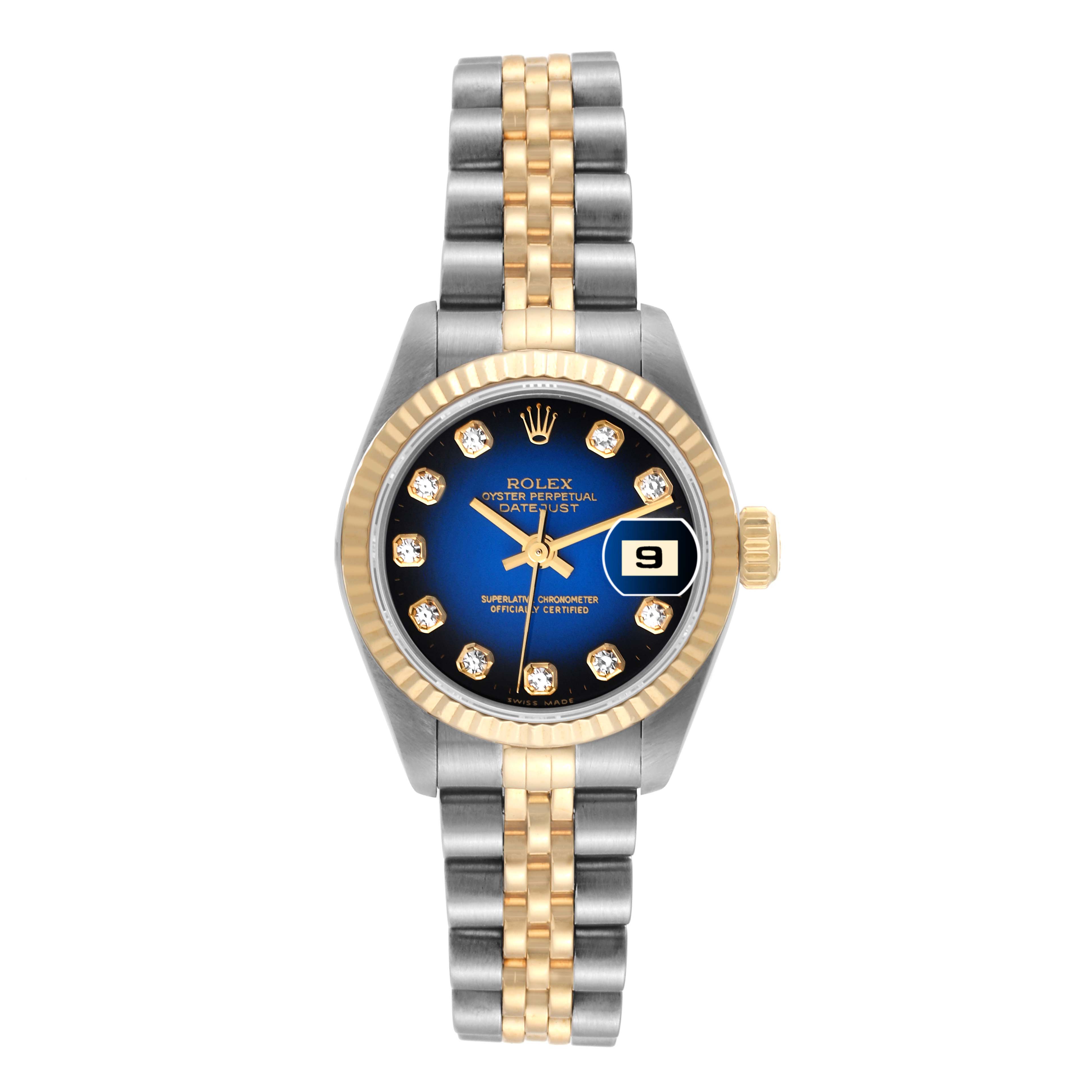 This image shows a front view of a Rolex Datejust 69173 Women's Steel and Gold (two tone) Blue Dial 69173 Women's Steel and Gold (two tone) Blue Dial watch, highlighting its dial, bezel, and bracelet.
