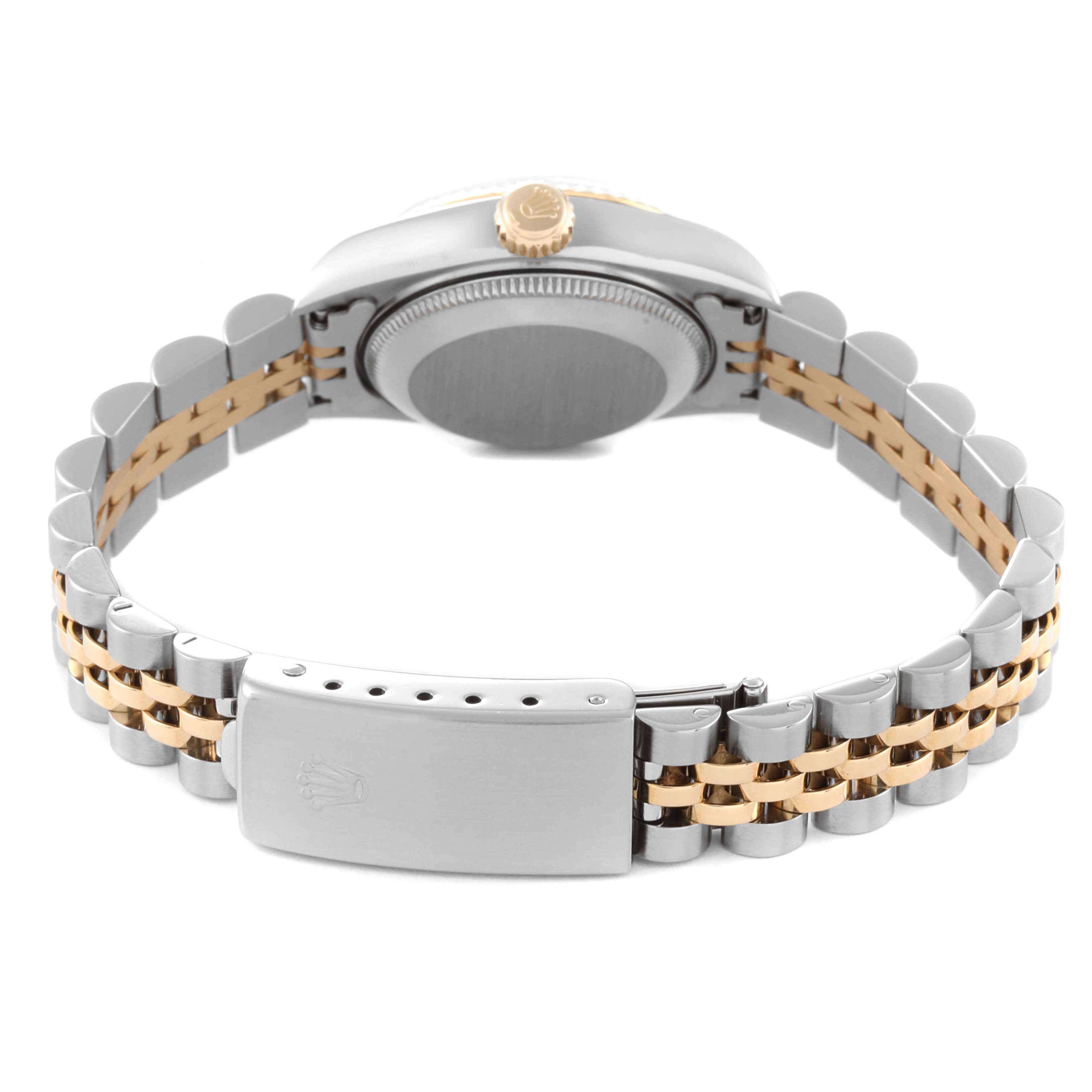 This image shows the back of a Rolex Datejust 69173 Women's Steel and Gold (two tone) Blue Dial 69173 Women's Steel and Gold (two tone) Blue Dial watch, highlighting the clasp and the two-tone bracelet.