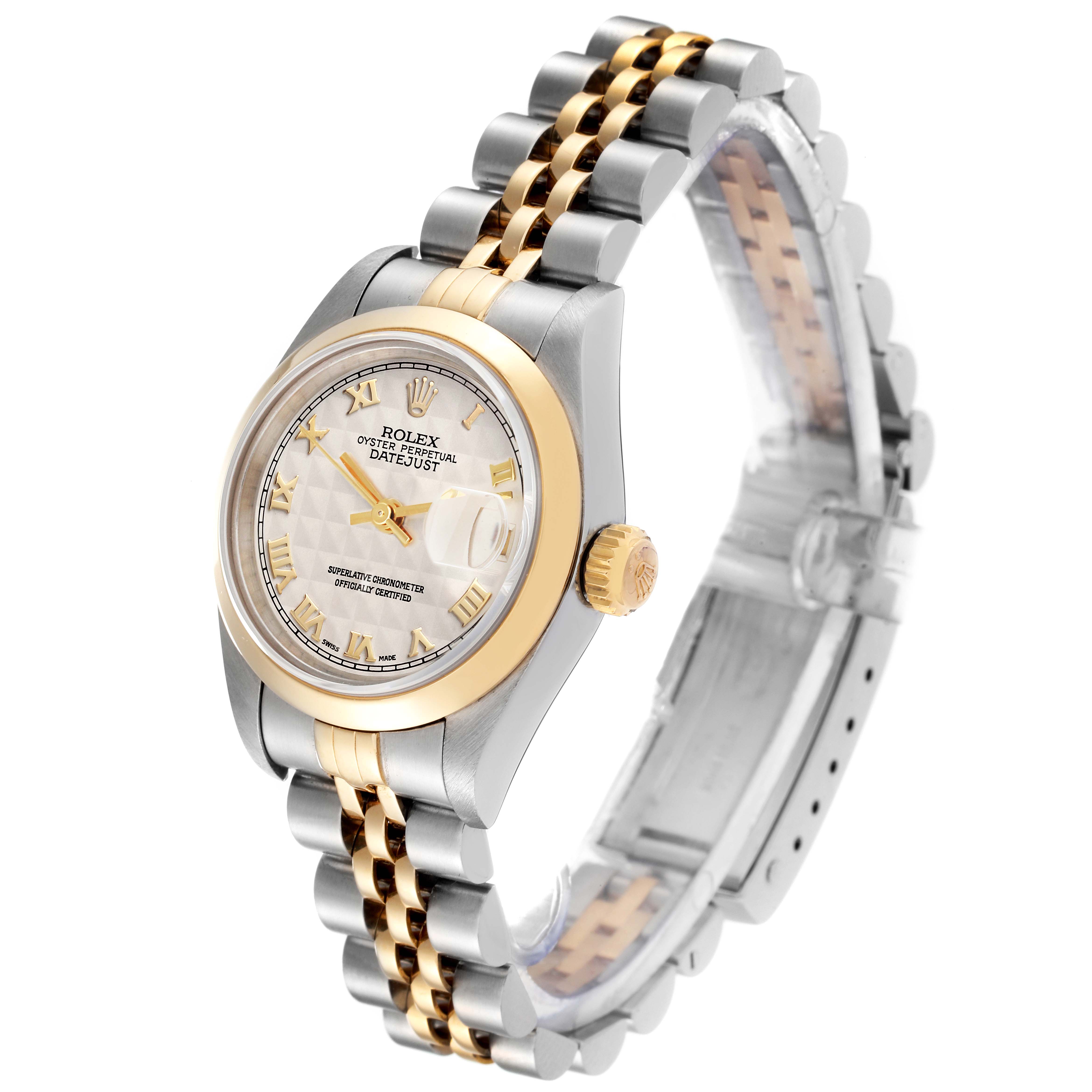 The Rolex Datejust 79163 Women's Steel and Gold (two tone) White Dial 79163 Women's Steel and Gold (two tone) White Dial watch is shown at a three-quarter angle, highlighting its face, bezel, and bracelet.