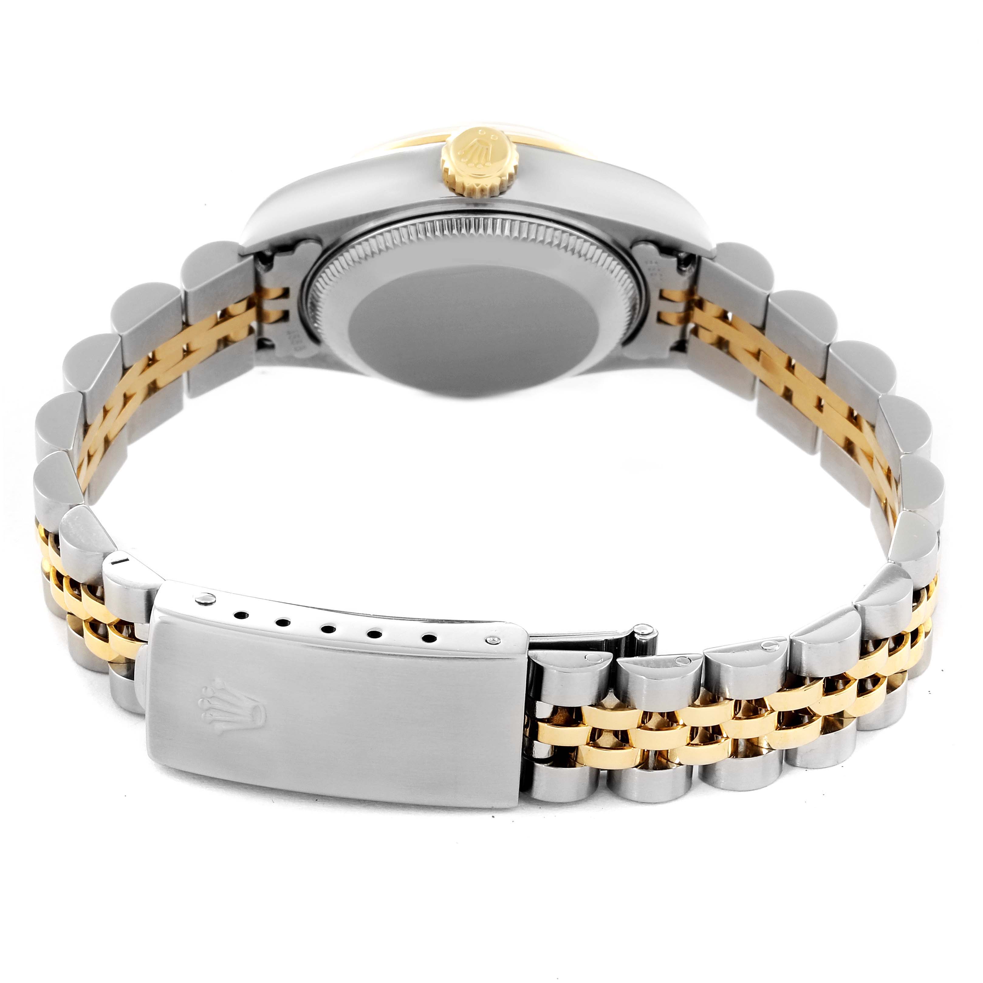 This image shows the back view of a Rolex Datejust 79163 Women's Steel and Gold (two tone) White Dial 79163 Women's Steel and Gold (two tone) White Dial watch, highlighting the bracelet and clasp.